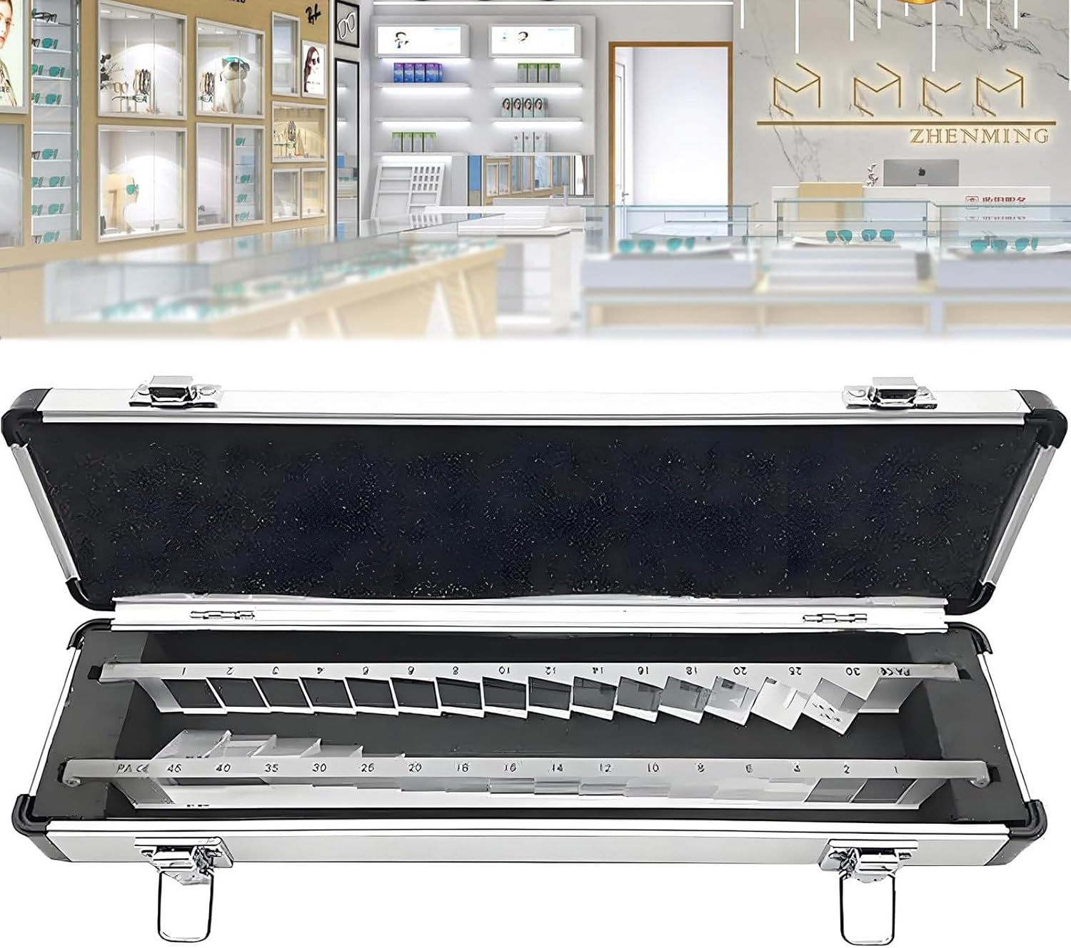 Optical Ophthalmic Prism Set, Optical Instrument Prism Bar Set with Horizontal (16) and Vertical (15) Prism Strips, Aluminium Case, for Hospital, Optometry