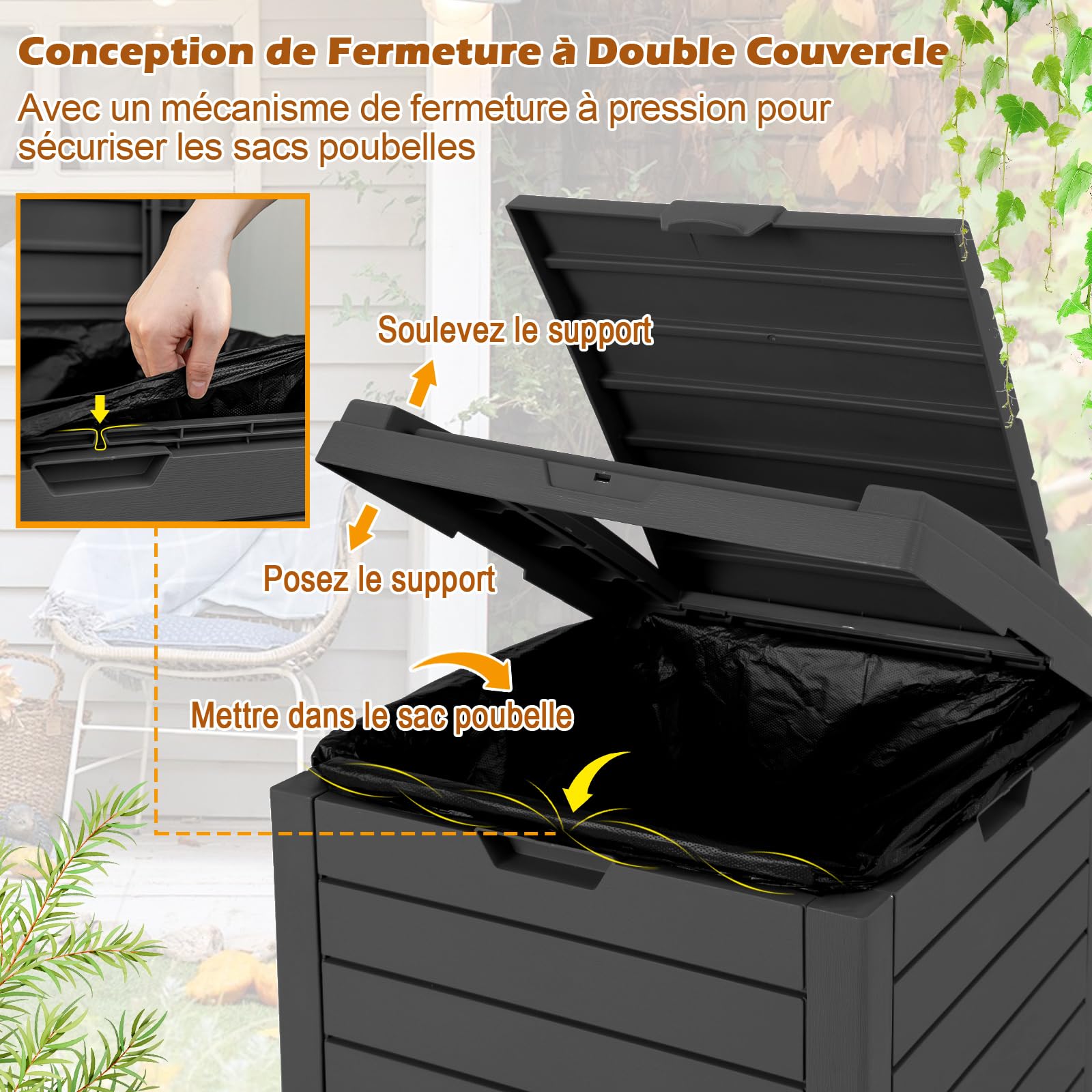 COSTWAY Poubelle Exterieur 118L en Résine, Poubelle de Jardin avec Couvercle et Plateau Extractible, Conteneur Poubelle Double Fermeture Étanche pour Porche, Arrière-Cour, Terrasse, Patio (Noir)