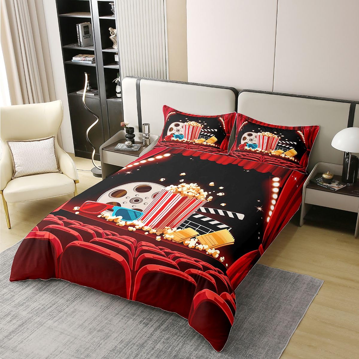Loussiesd Set di biancheria da letto con copripiumino a tema cinema, 100% cotone, per ragazzi e ragazze, con stampa popcorn, 3 pezzi, chiusura a cerniera, con 2 federe