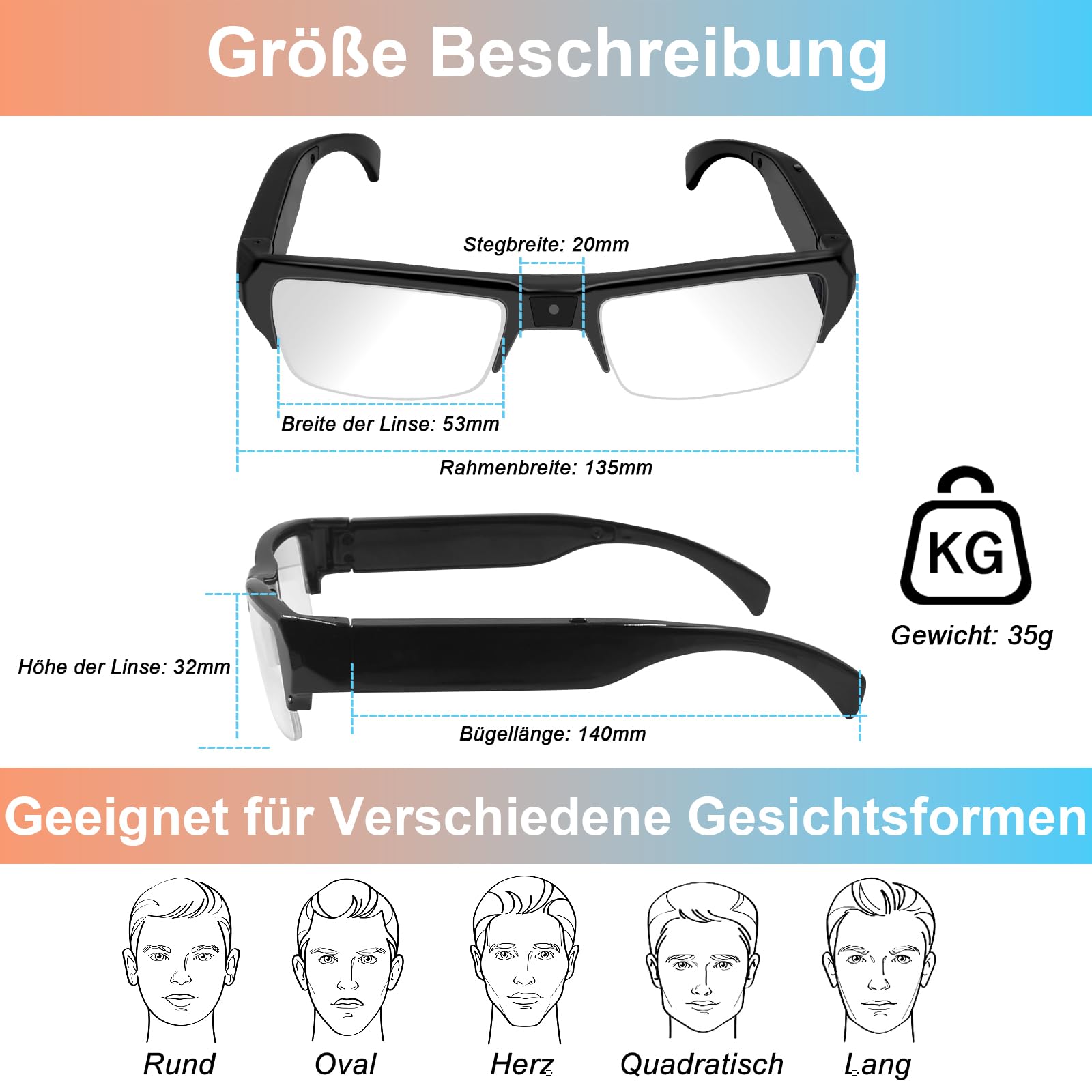 Mini Kamera Brille, Brillen Action Kamera, 1080O HD Kleine Sportkamera Action Cam Tragbare Actionkamera Mikro Videokamera Foto/Video Aufnahmen für Outdoor Aktivitäten Radfahren, Wandern