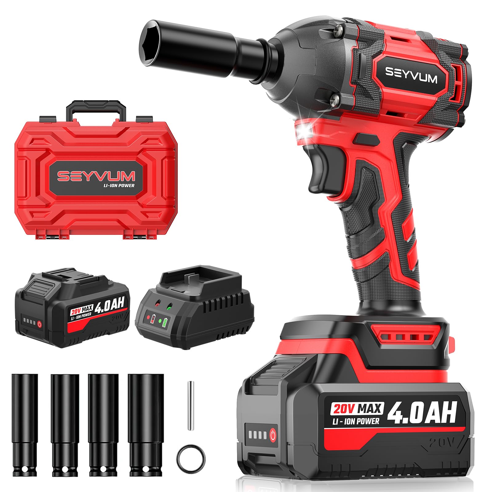 SEYVUM Impact Wrench, Max Torque 400 N.m Cordless 1/2 Impact Driver, 20V 3000RPM Brushless Motor, 4.0Ah Li-ion Battery and Fast Charger, 4 Pcs Sockets Included-image-43