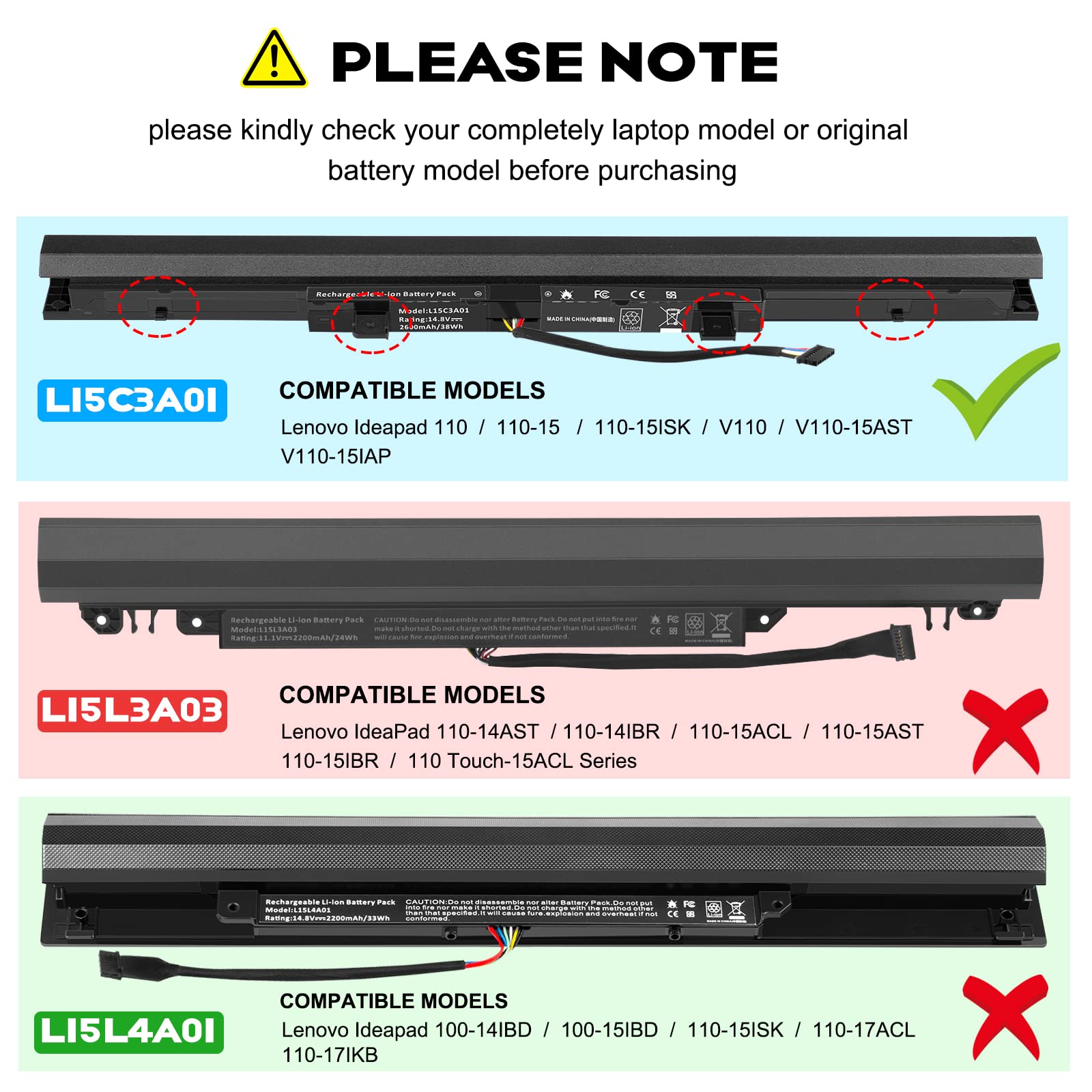 ARee L15C3A01 Batería Compatible con Lenovo Ideapad 110 Ideapad 110-15 IdeaPad 110-15ISK V110 V310 Series; Repuesto para L15C3A01 L15C4A02 L15C4E01 L15D3A01 (14,8V 2600mAh)