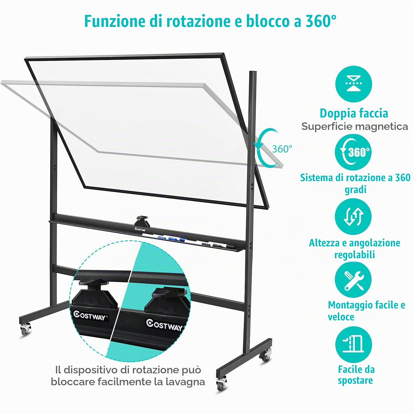 GYMAX Lavagna Magnetica Bianca, Ruotabile a 360°, Regolabile in Altezza, 4 Ruote Bloccabili, con Pennarelli, Cancellino, Magneti Colorati e Carta Lavagna, per Educatori, Scuole, Uffici