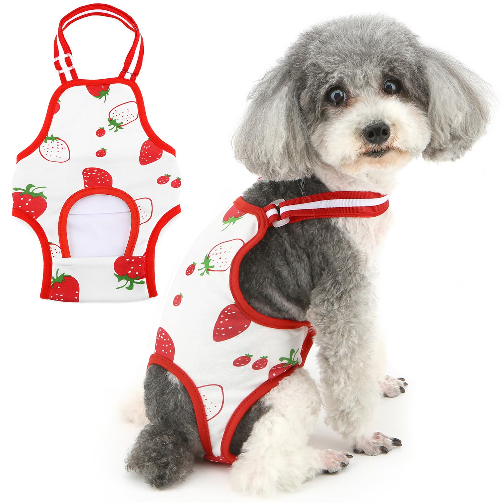 Zunea Small Dog Nappy Sanitary Pantie Reusable Female Dog Nappies Adjustable Suspender Puppy Dogs Period Pants Washable Sanitary Diaper Cute Strawberry Pet Nappies for Cats Doggie Chihuahua Red M