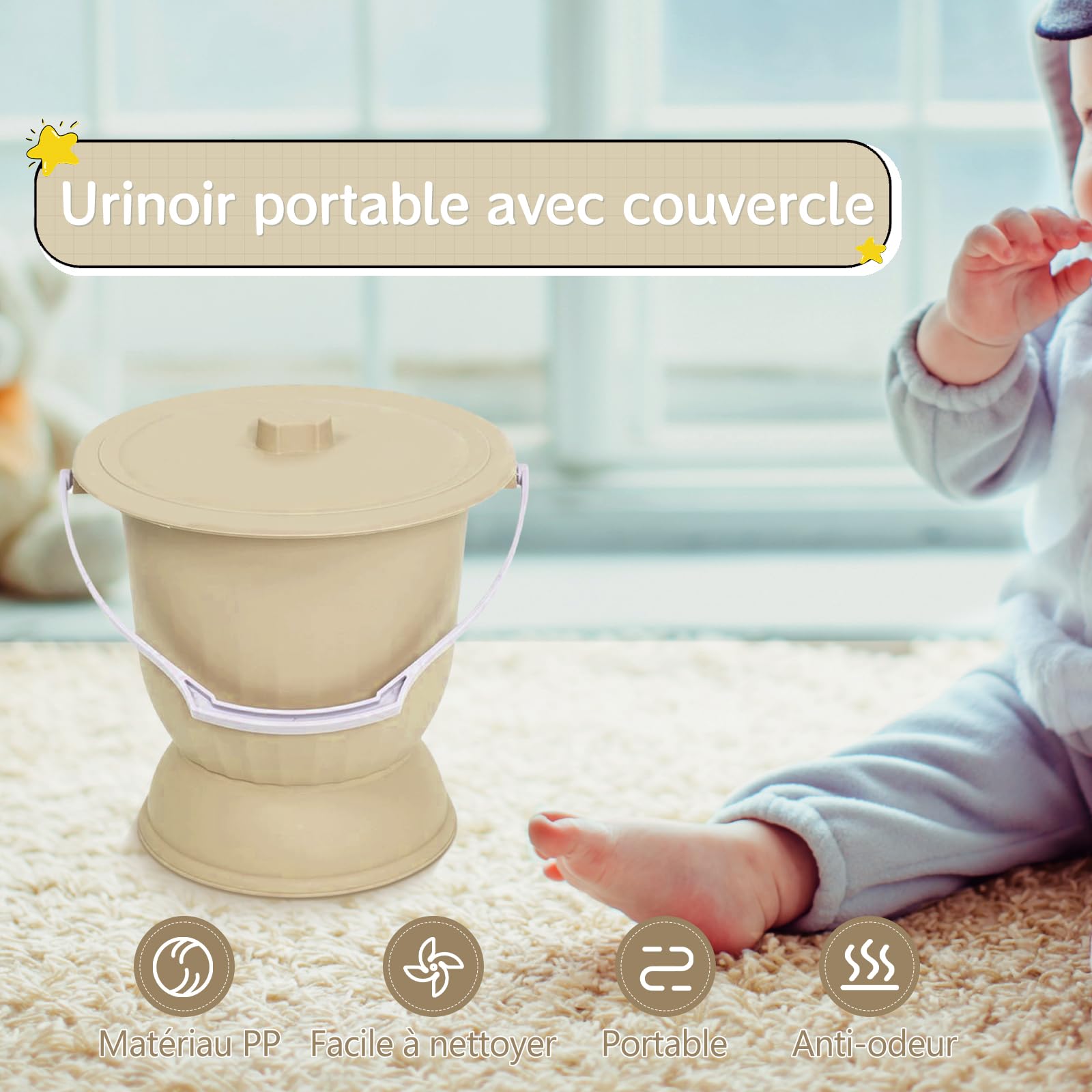 Harilla Pot de chambre, pot, urinoir de nuit, crachoir, urinoir avec couvercle, seau pour femme, homme, enfants, adultes, chambre intérieure, Jaune