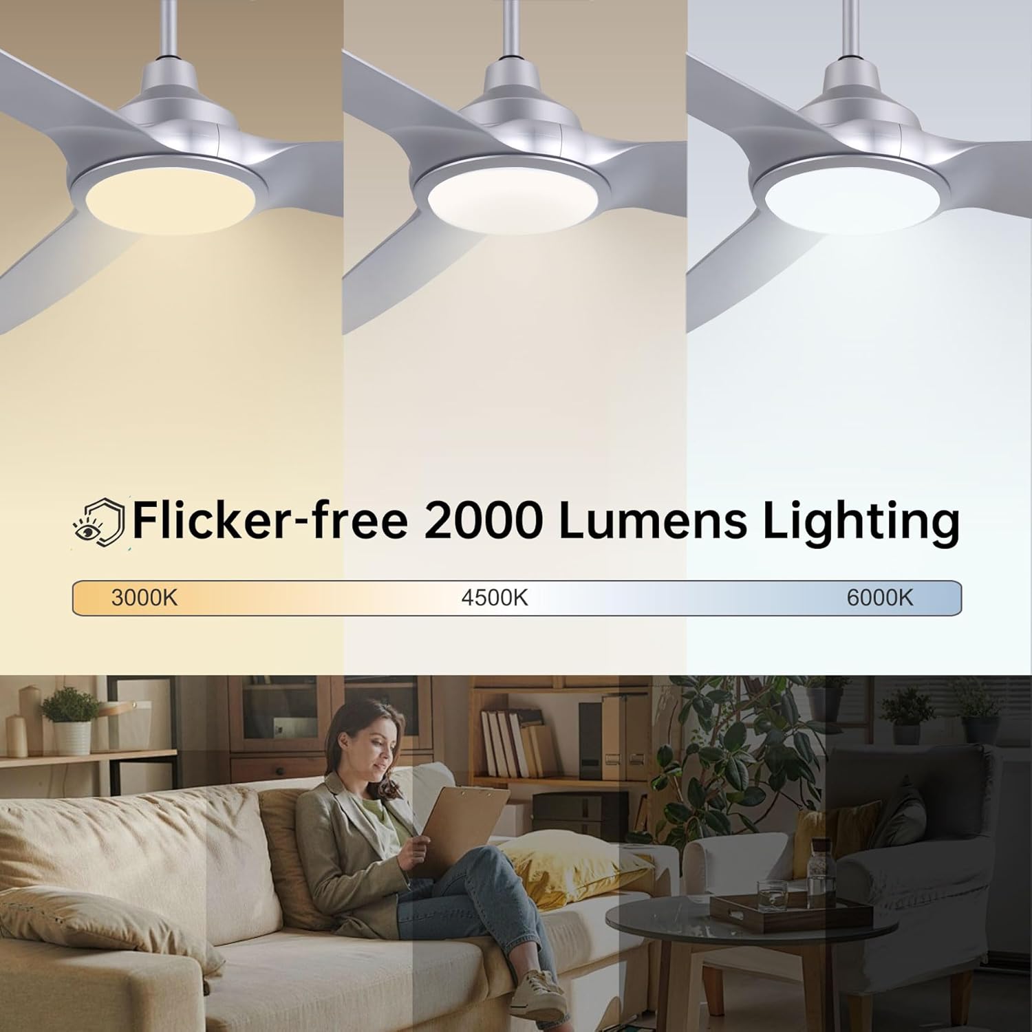 52 Inch Ceiling Fans with Lights and Remote Control, Modern Silver 3 Blade Indoor Ceiling Fan for Master Bedroom Living Room, 6 Speed Quiet Reversible DC Motor