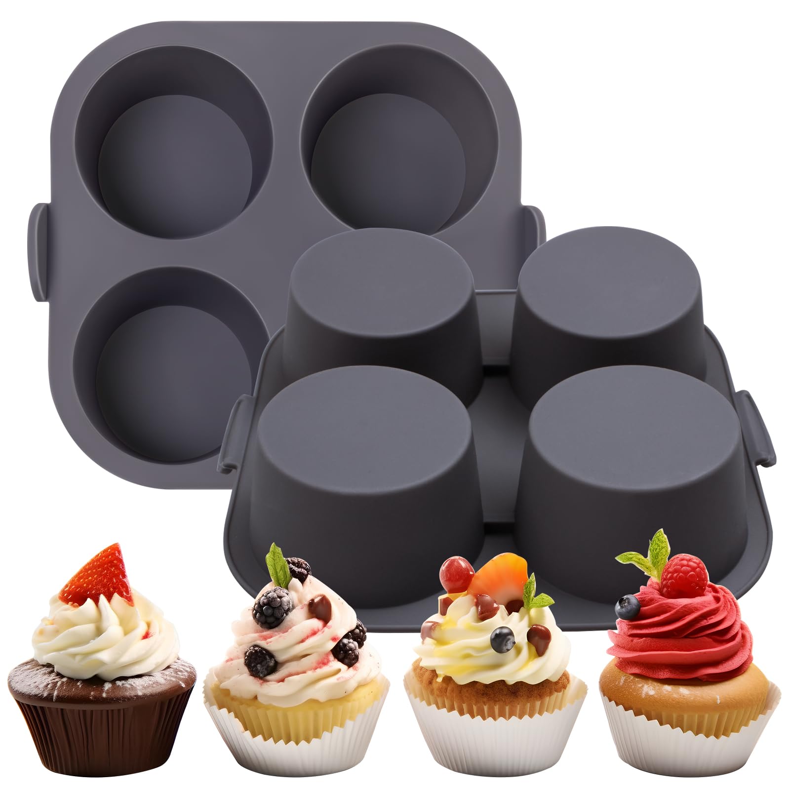 Silicone Muffin Tray for Air Fryer 1Pcs, 4-Cups Nonstick Muffin Pans with Carrying Handle, Silicone Cake Pans for Baking Cupcakes Pudding Dessert Quiches Tart, Grey