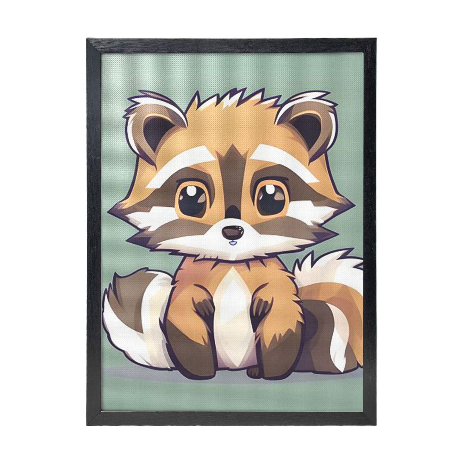 Framed Wall Art - Decorative Canvas Painting Cartoon cute raccoon Pictures Poster Aesthetic Modern Prints Artwork for Bedroom Office Wall Decor Ready To Hang 12x16 in