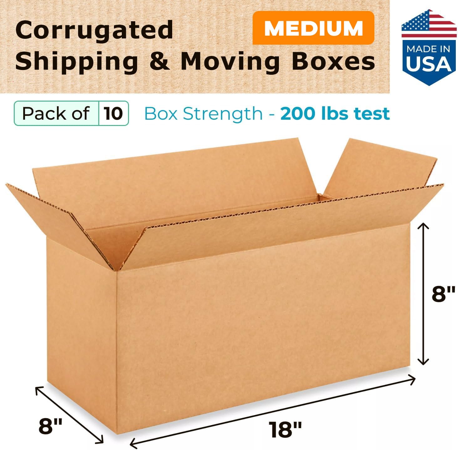 Medium Shipping & Moving Boxes 18x8x8 inches (10-Pack) - Extra Strength 200 lb vs Regular - USA-Made Corrugated Medium Moving Boxes - Packing Box for USPS, UPS, FedEx - Heavy Duty Box by IDL Packaging
