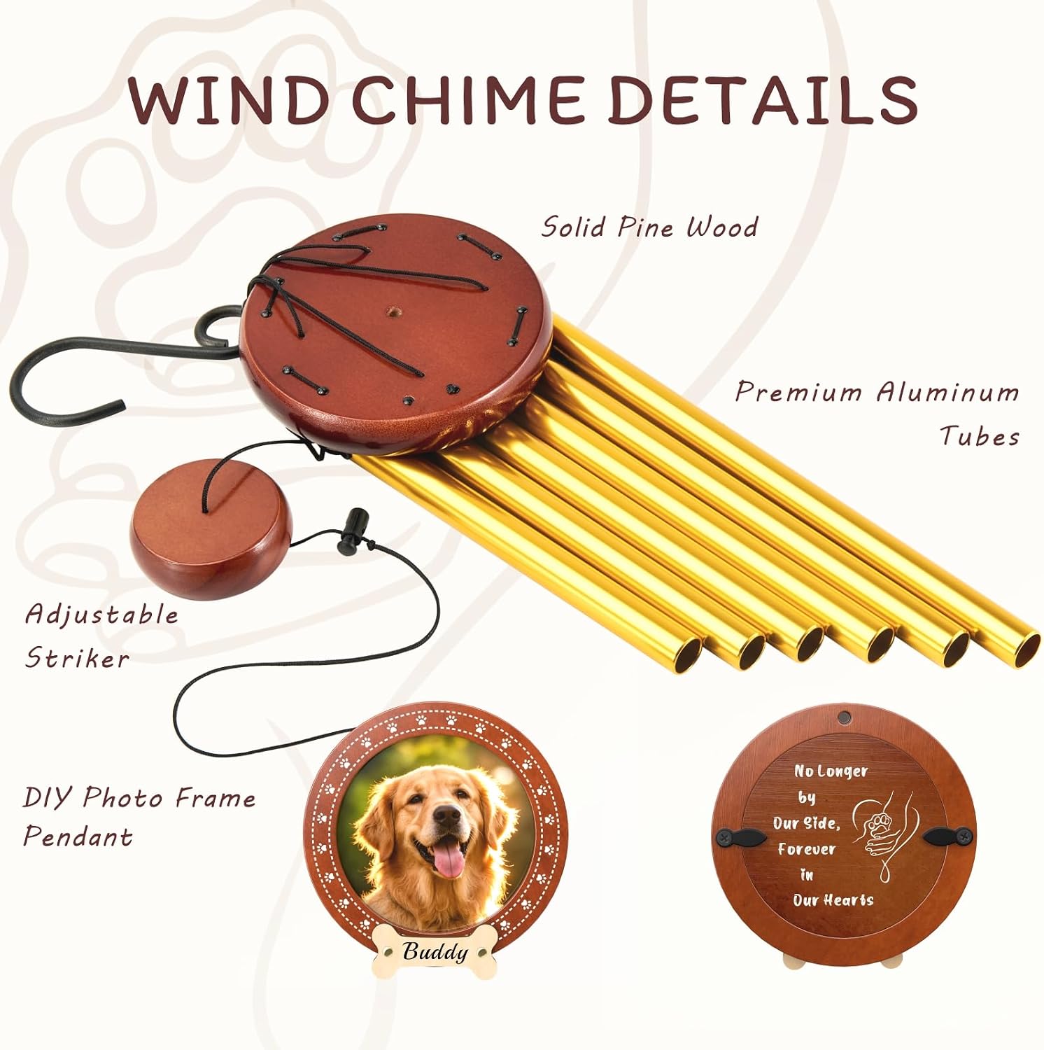 Dog Memorial Gifts for Loss of Dog, 32" Pet Memorial Wind Chimes with Photo Frame Pendant, Unique Pet Loss Sympathy Remembrance Gift (Gold)
