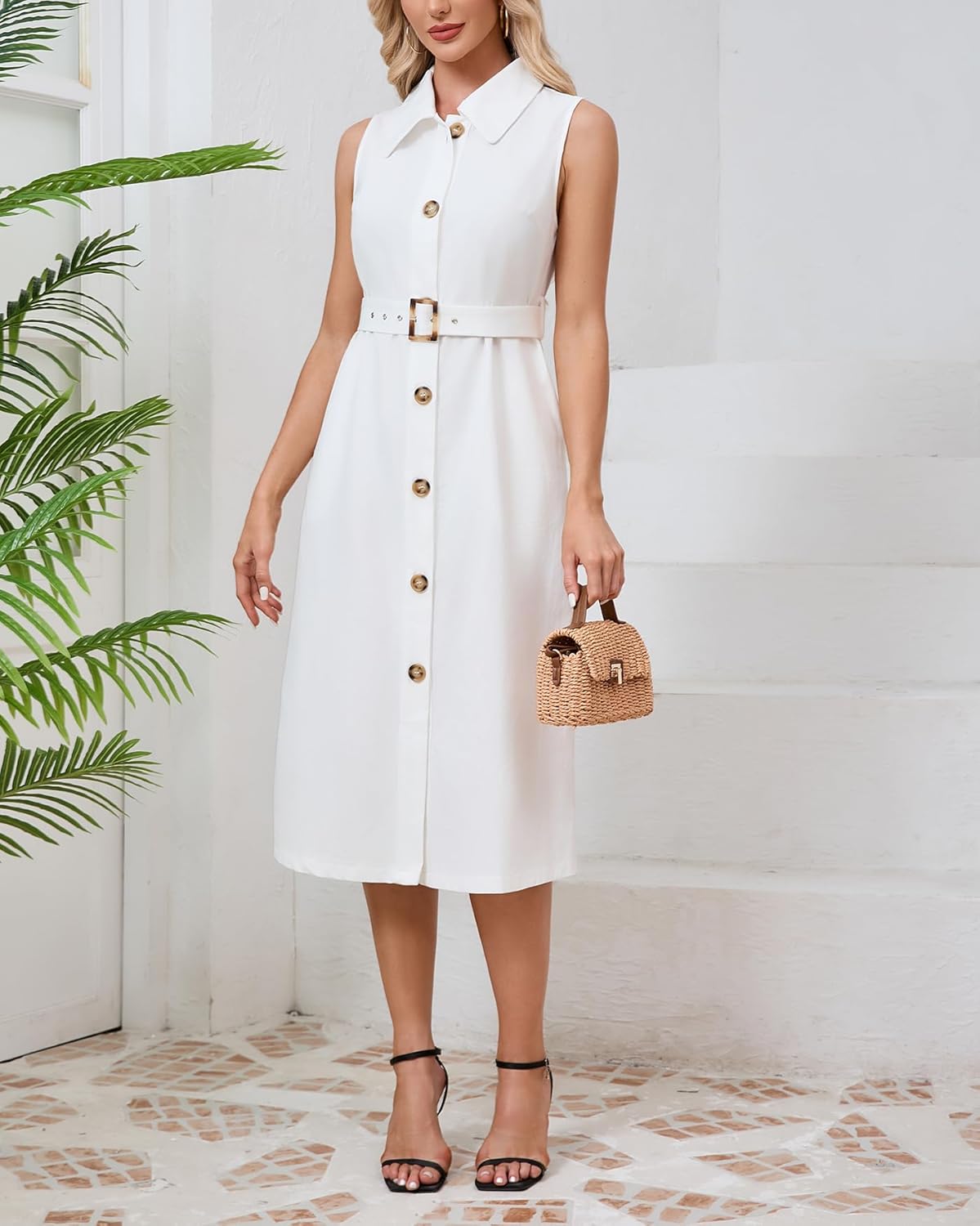 YEXPINE Women's Button Down Shirt Dress Sleeveless Collared A-line Maxi Dress with Belt - Image 5