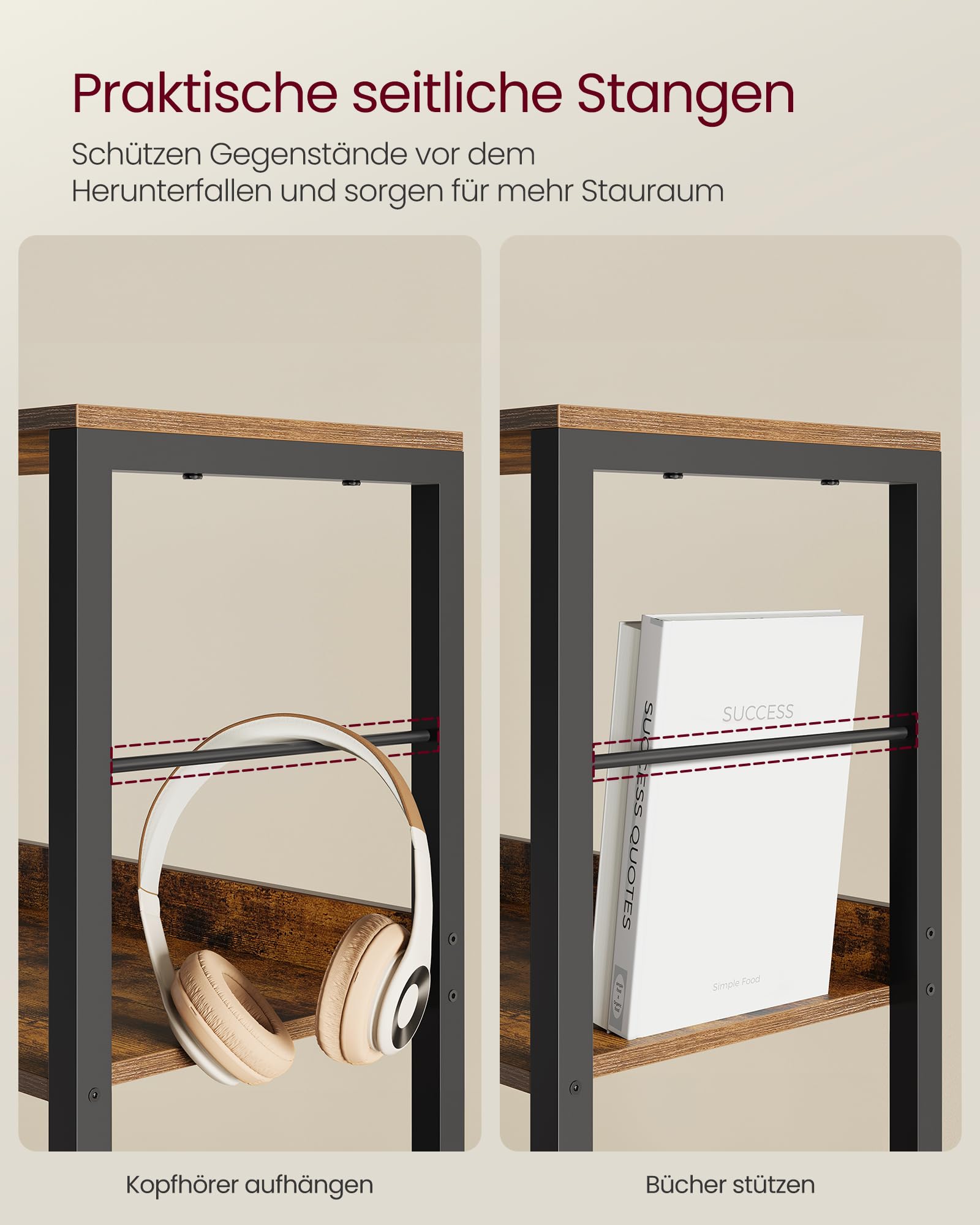 VASAGLE Bücherregal 6 Ebenen 30 x 60 x 178 cm mit Rückplatten Industrie-Design vintagebraun-tintenschwarz LLS118B01