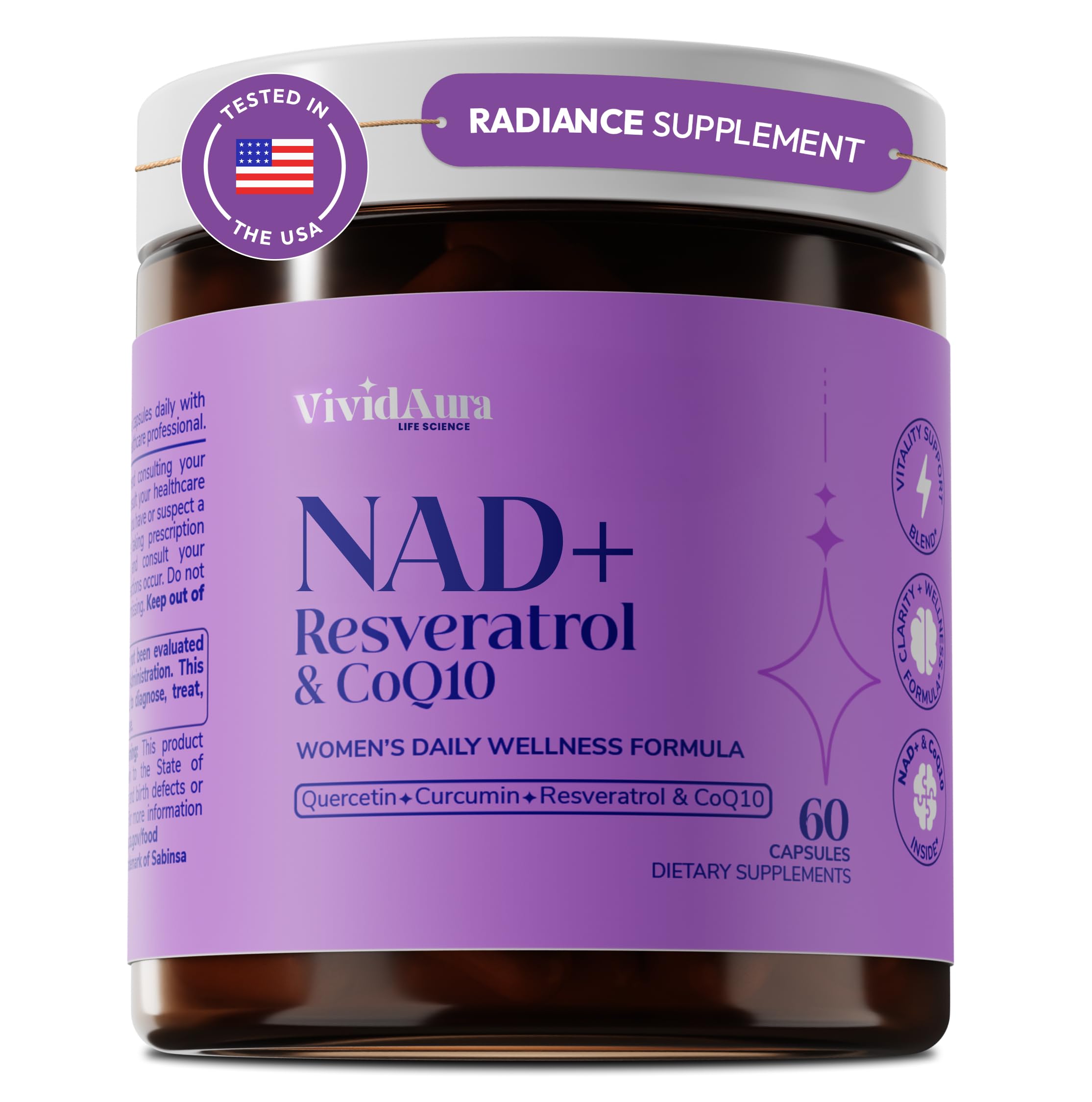 NAD Supplements for Women - Radiance Formula with Resveratrol, CoQ10, Turmeric & BioPerine - Cellular Renewal Supplement for Women - NMN Alternative - 60 Capsules