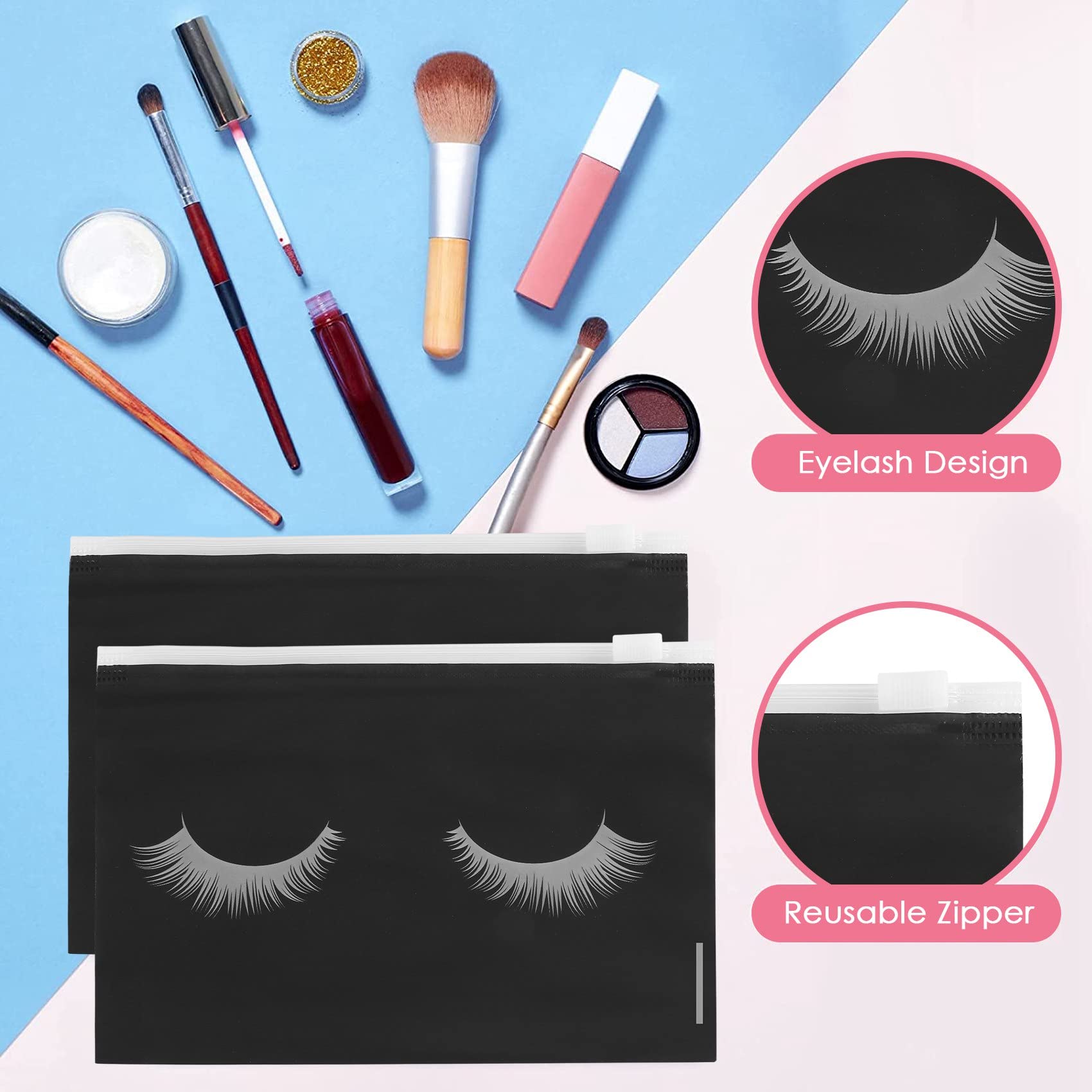 Qndanoan 50 Pieces Eyelash Bags Lash Bags for Aftercare Bags Eyelash Makeup Bags with Zipper for Women (Black 6X4Inch) - Image 2
