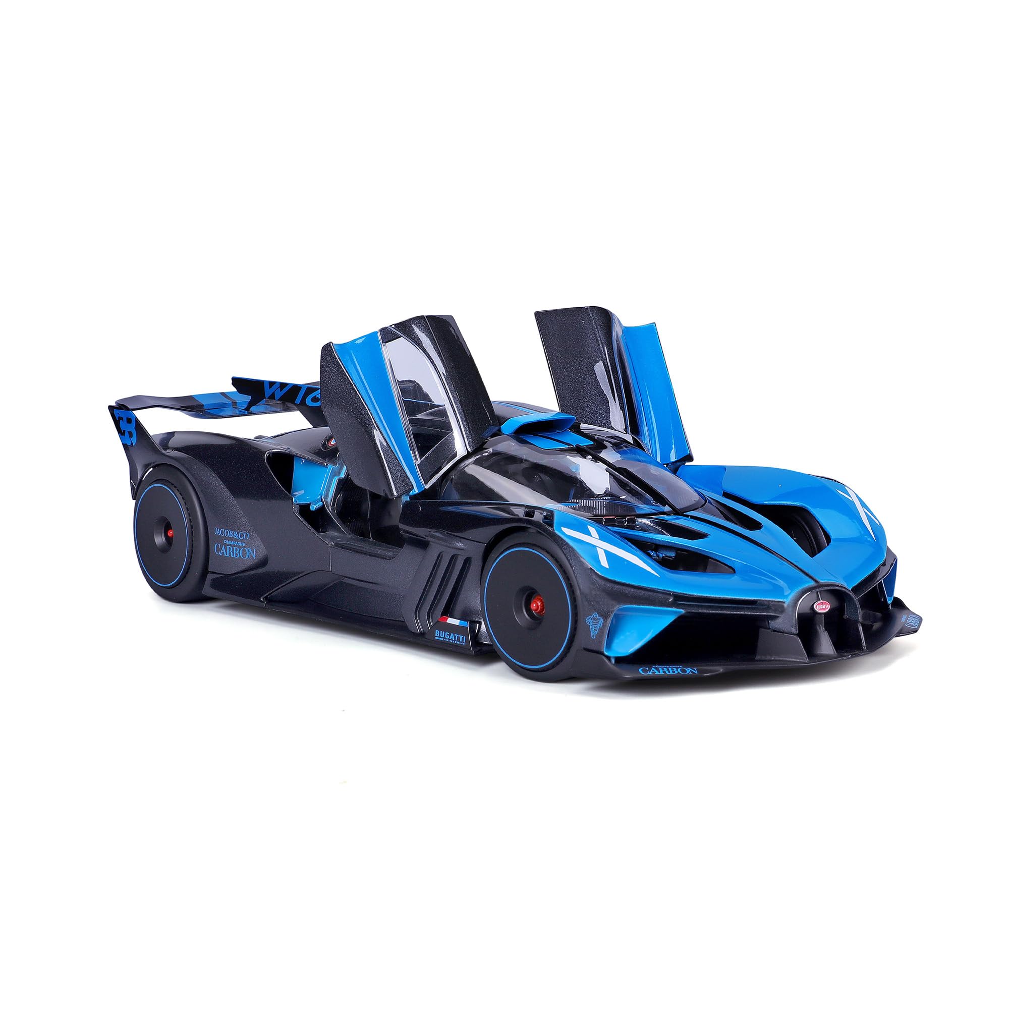 Burago Maqueta coche Bugatti Bolide, Escala 1:18, Diseño aerodinámico en azul y negro, Fabricado en die-cast metal, Puertas y capó de apertura manual, Interior detallado (78096)