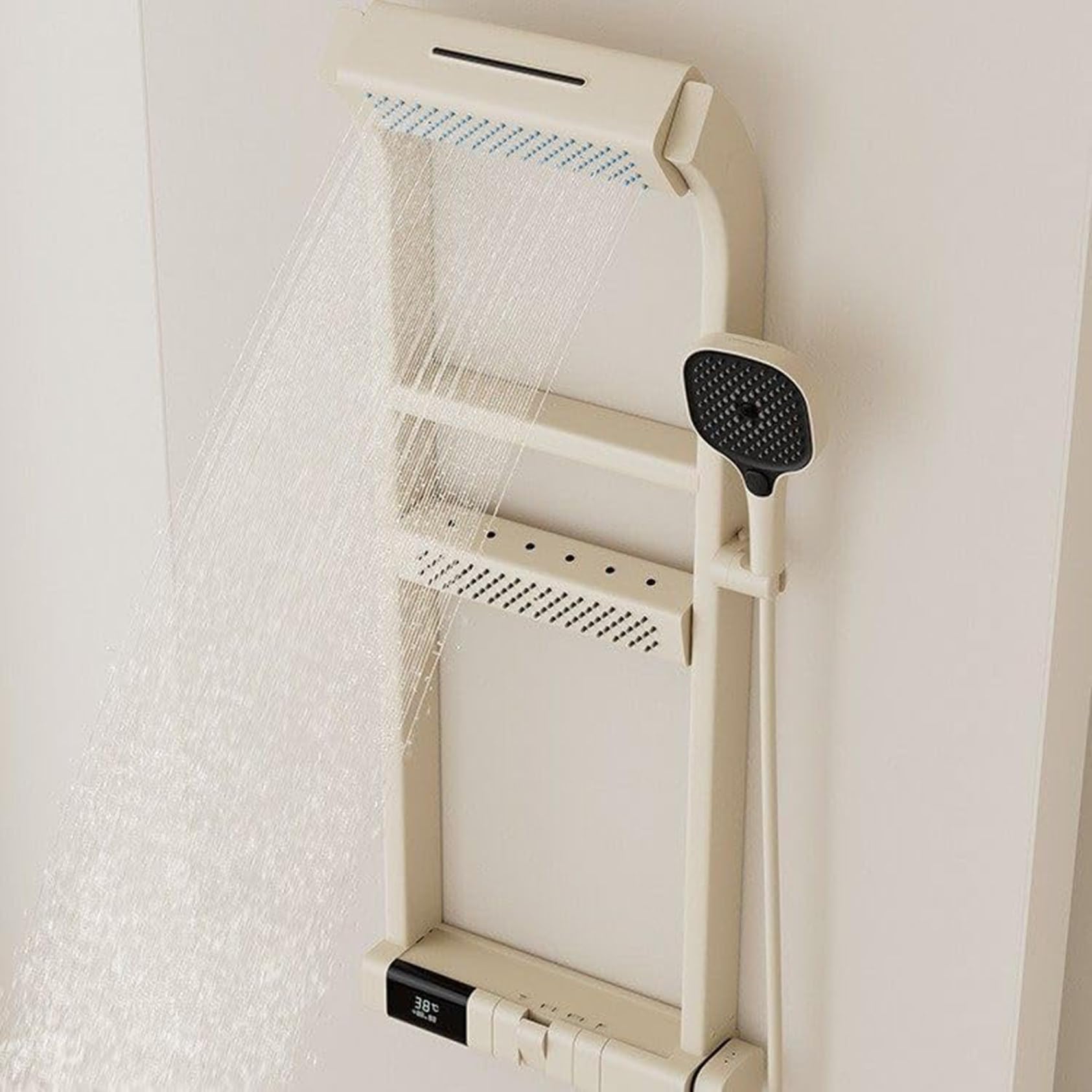Set Miscelatore Doccia con Display Digitale a LED, soffione a Pioggia e soffione Portatile, Pannello di Controllo per Bagno, mensola a Torre per ristrutturazioni Moderne