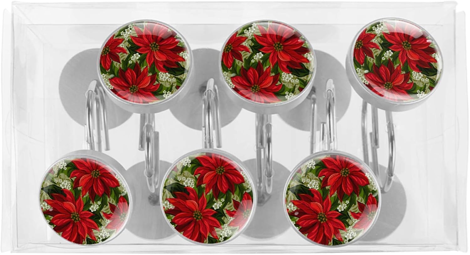 Siebzeh Wonderful Poinsettia Flower 12PCS Shower Curtain Hooks Metal Resin Hooks Anti Rust Glass Stainless Steel Hooks for Bathroom Baby Room Living Room Home Decor