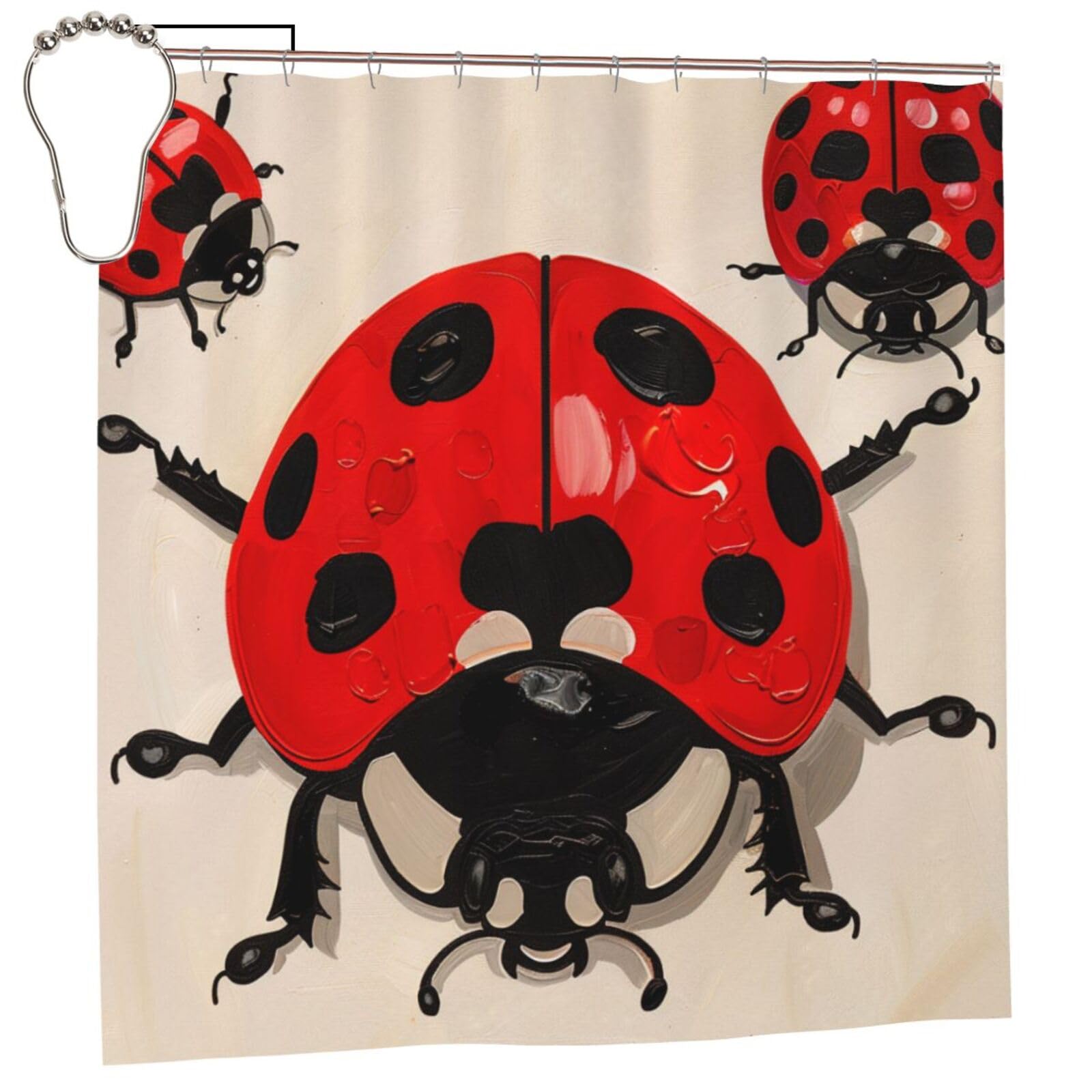 BWWHCCTI Ladybug Print Printed Shower Curtain With 12 Iron Hooks Opaque Quick Drying Waterproof Shower Curtains Sets For Bathroom 183x183 CM