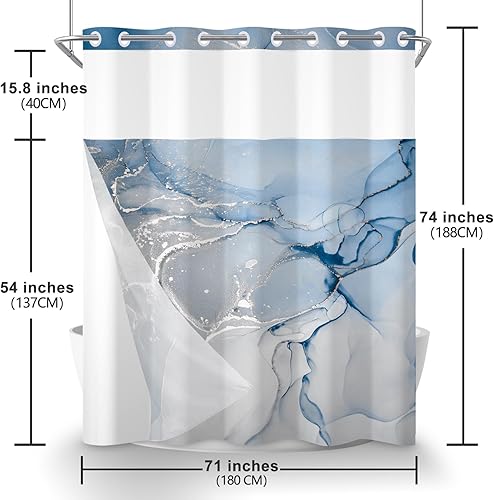 Miniatura 7 de AWERT Cortina de ducha sin gancho con forro a presión, juego de cortina de ducha y forro de mármol azul, doble capa, tela impermeable y ventana