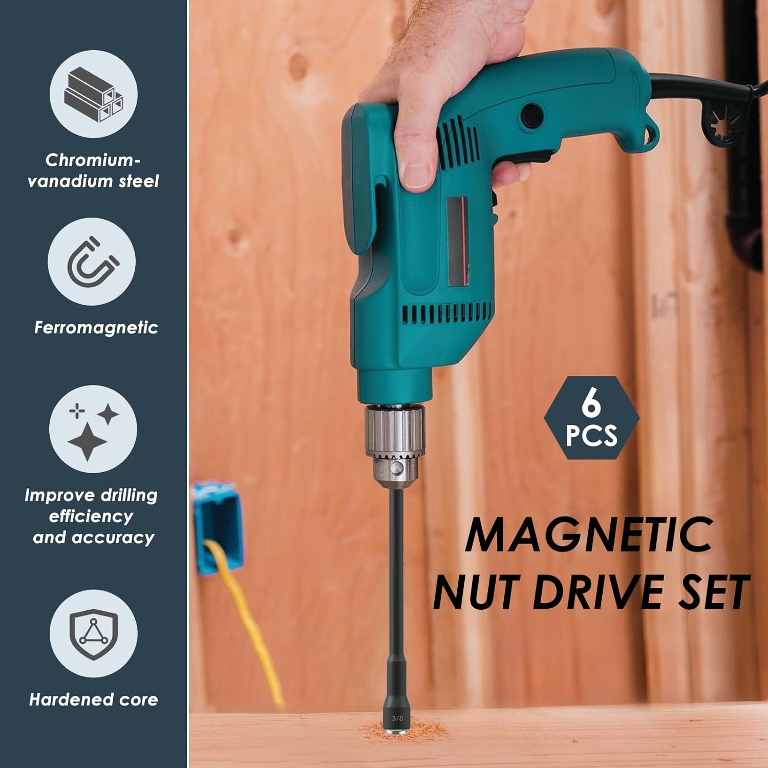 Magnetic Nut Driver Set for Impact Drill, 6" Long SAE Power Nut Driver Bit Holder with 1/4" Hex Shank, CR-V Steel Magnet Socket Set, Electrician Tools Extender for Power Drills (6 Pcs-SAE)