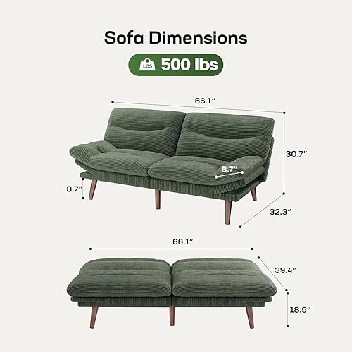 Miniatura 2 de Marsail Sofá cama, futón con respaldo y reposabrazos ajustables, sofá cama pequeño convertible para apartamentos pequeños, sala de estudio, oficina,