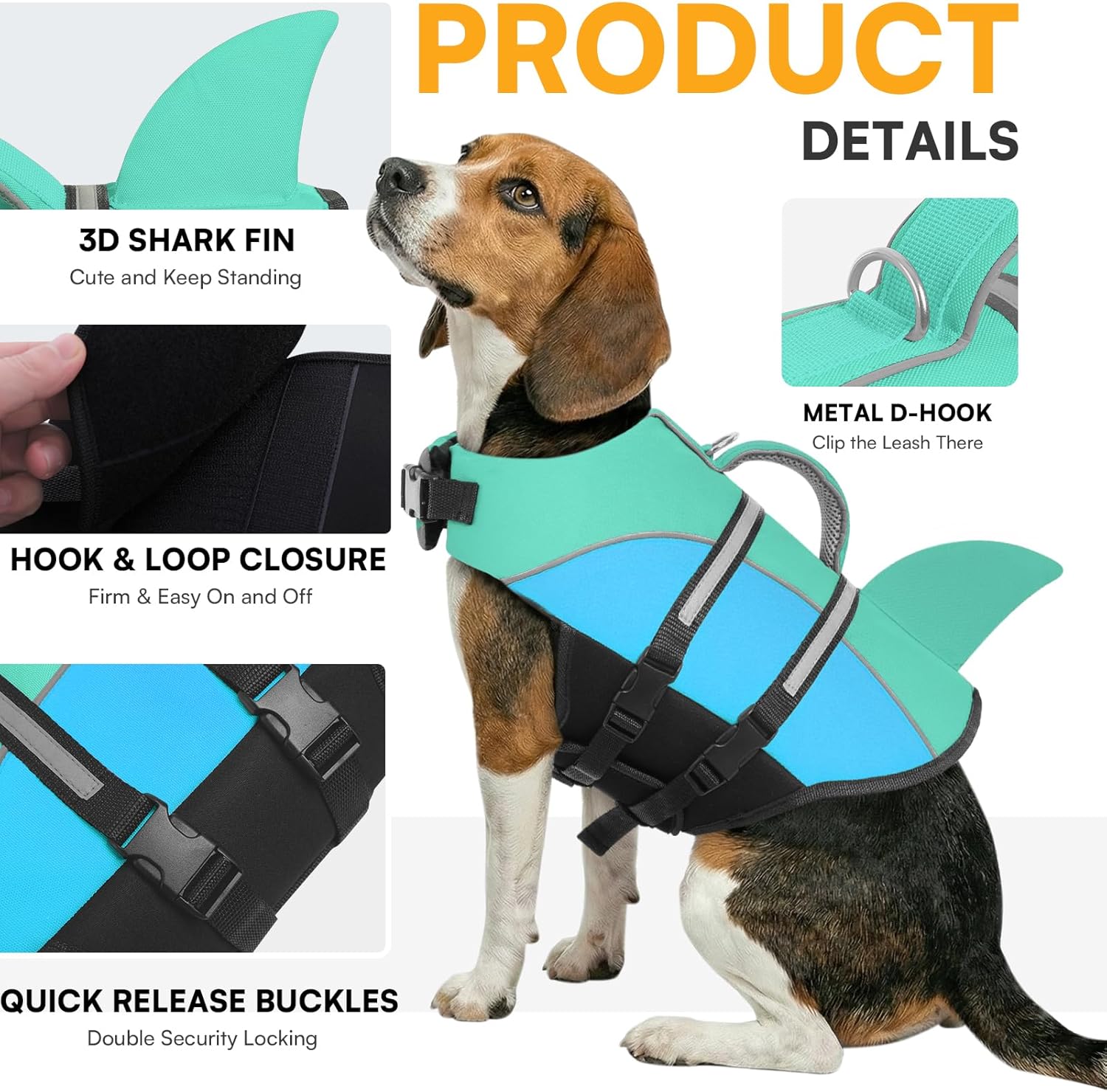 Queenmore Medium Dog Life Vest, Dog Shark Life Jacket for Swimming Boating in Pool Lake with Rescue Handle, Leash Hook, Reflective Strip, Light Weight