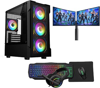 Gaming PC Set   Intel Core i7, GT710 2GB Graphics, 16GB RAM, 128GB SSD + 1TB HDD, Windows 11 Pro, Dual 22" Monitors, Keyboard, Mouse, Headset   Gaming PC Bundle Neo Black