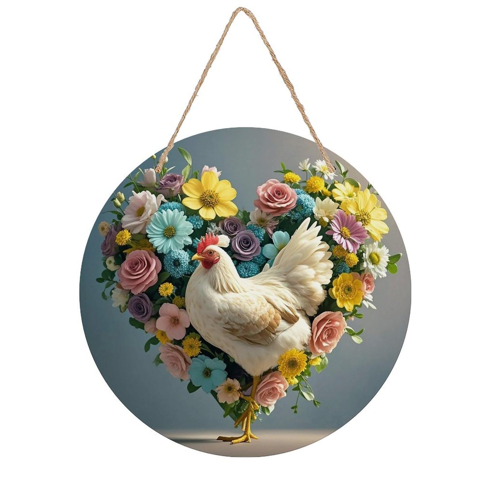 FekiLoot Flower Heart Chicken Wall Art Decor Round Wood Hanging Sign Decoration Wooden Circle Door Sign Round Hanging Decorative Wood Plaque Door Hanger for Home Outdoor Indoor Decoration