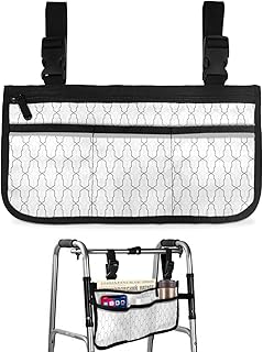 Geo Plaid Wheelchair Side Bag Walker Bag, Black White Simple Pattern Wheelchair Accessories Armrest Pouch, Organizer Storage Bag for Walkers, Rollators, Scooters, 7.3'x13'