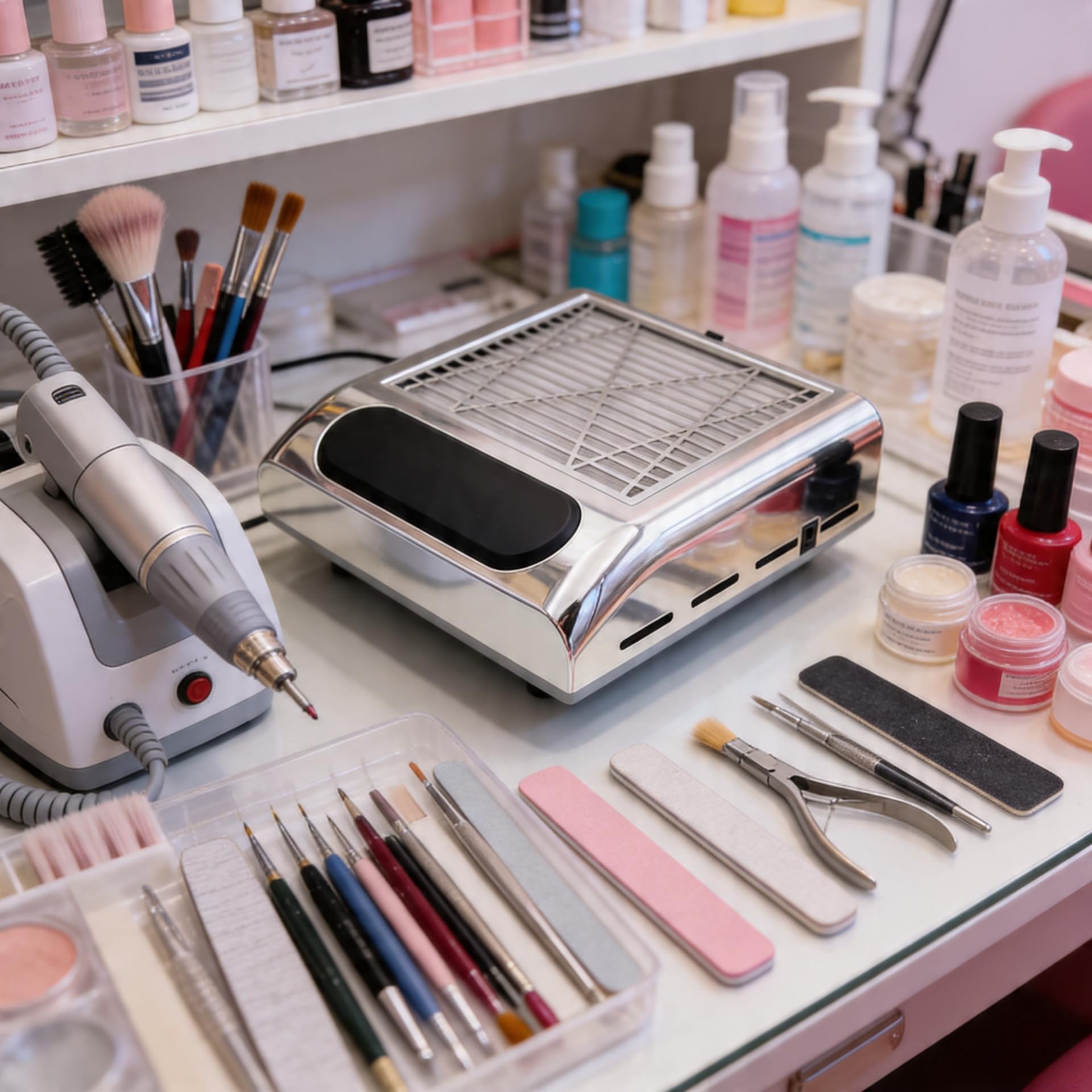 Pochłaniacz Pyłu do Paznokci 80W, Bezworkowy, Filtr Kasetowy, do Manicure, Srebrny, do Domu i Salonu