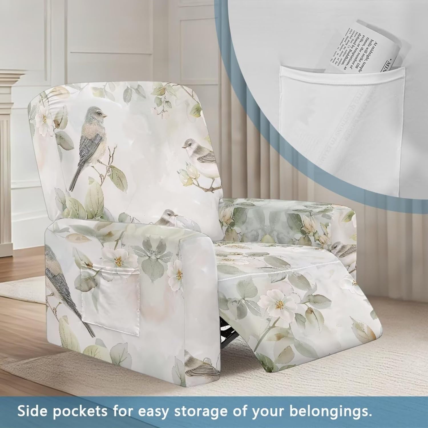 Bird Flower Recliner Covers That Stay in Place, Non-Slip Stretch Slipcover for Most Recliner with Armrest, Single Seat Sofa Couch Protector for Home Office Hotel