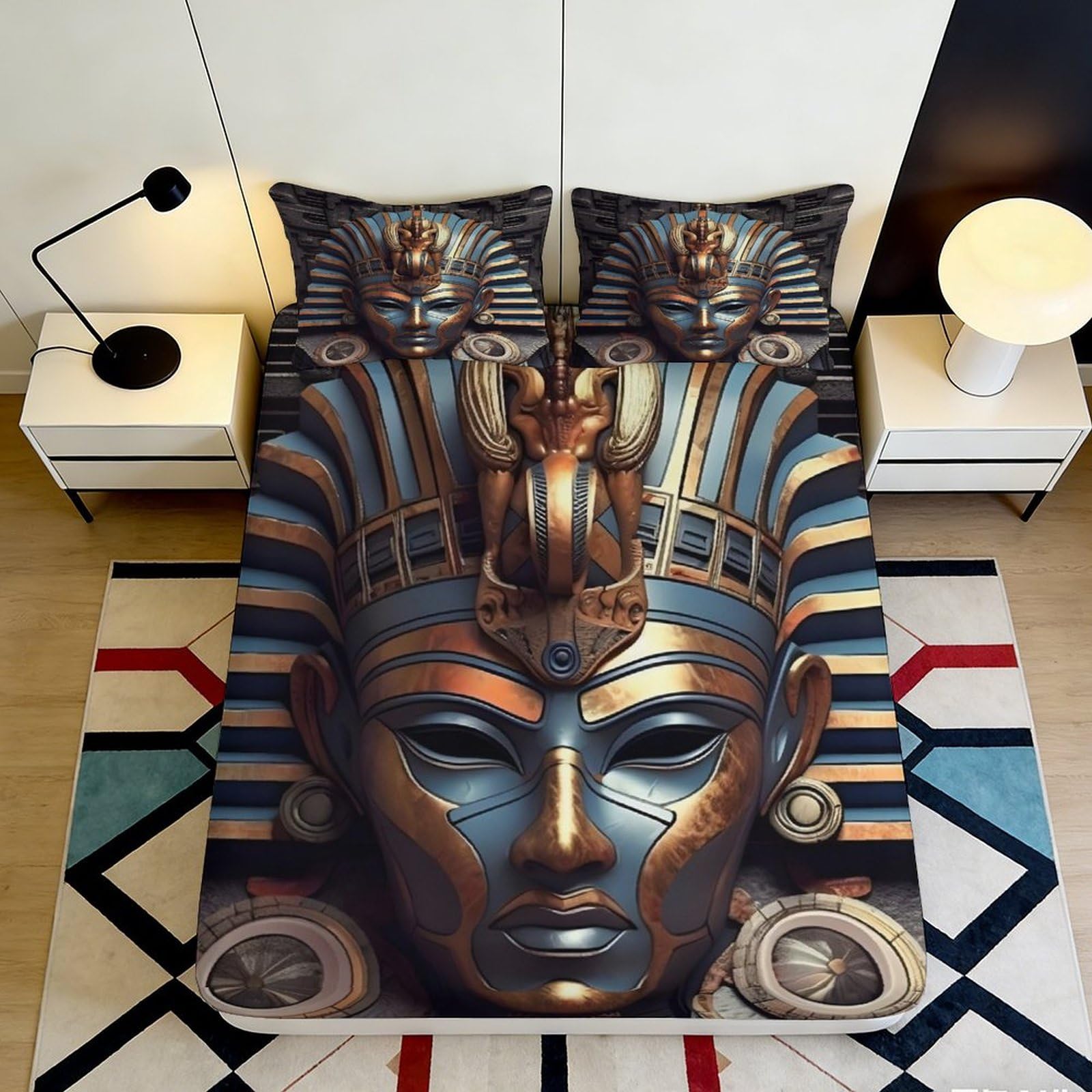 3D Printed Egyptian Pharaoh Fitted Sheet Microfiber Soft Breathable Sphinx Mattress Cover for Bedroom Dorm Decor 90x200x25cm