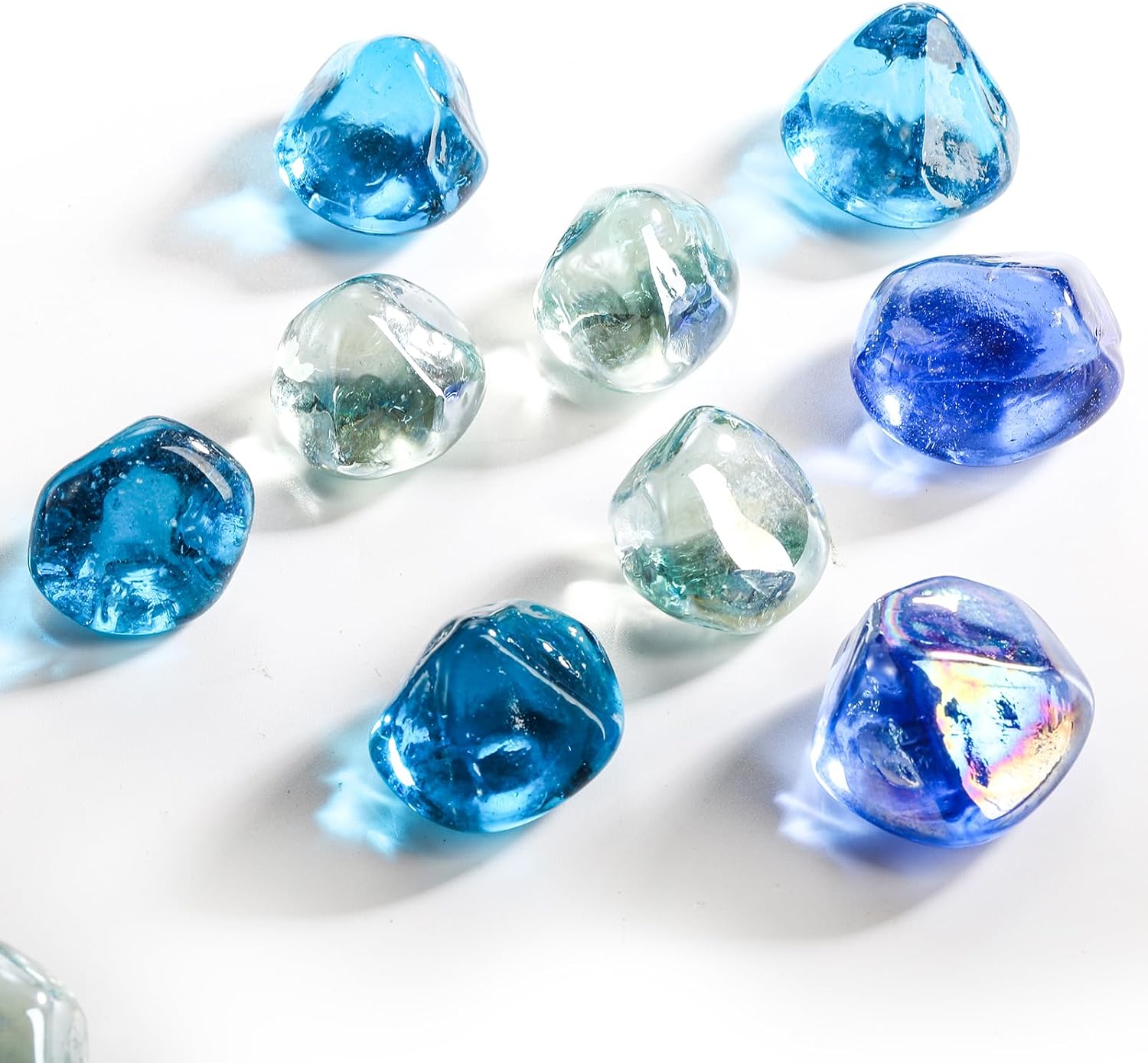yarlung 10 Pounds Fire Glass Diamonds for Fire Pit, 1 Inch Luster Crystal Glass Rocks for Propane Fireplace, Landscaping, Vase Filler, Fish Tank, Caribbean/Cobalt Blue, Crystal Ice Luster