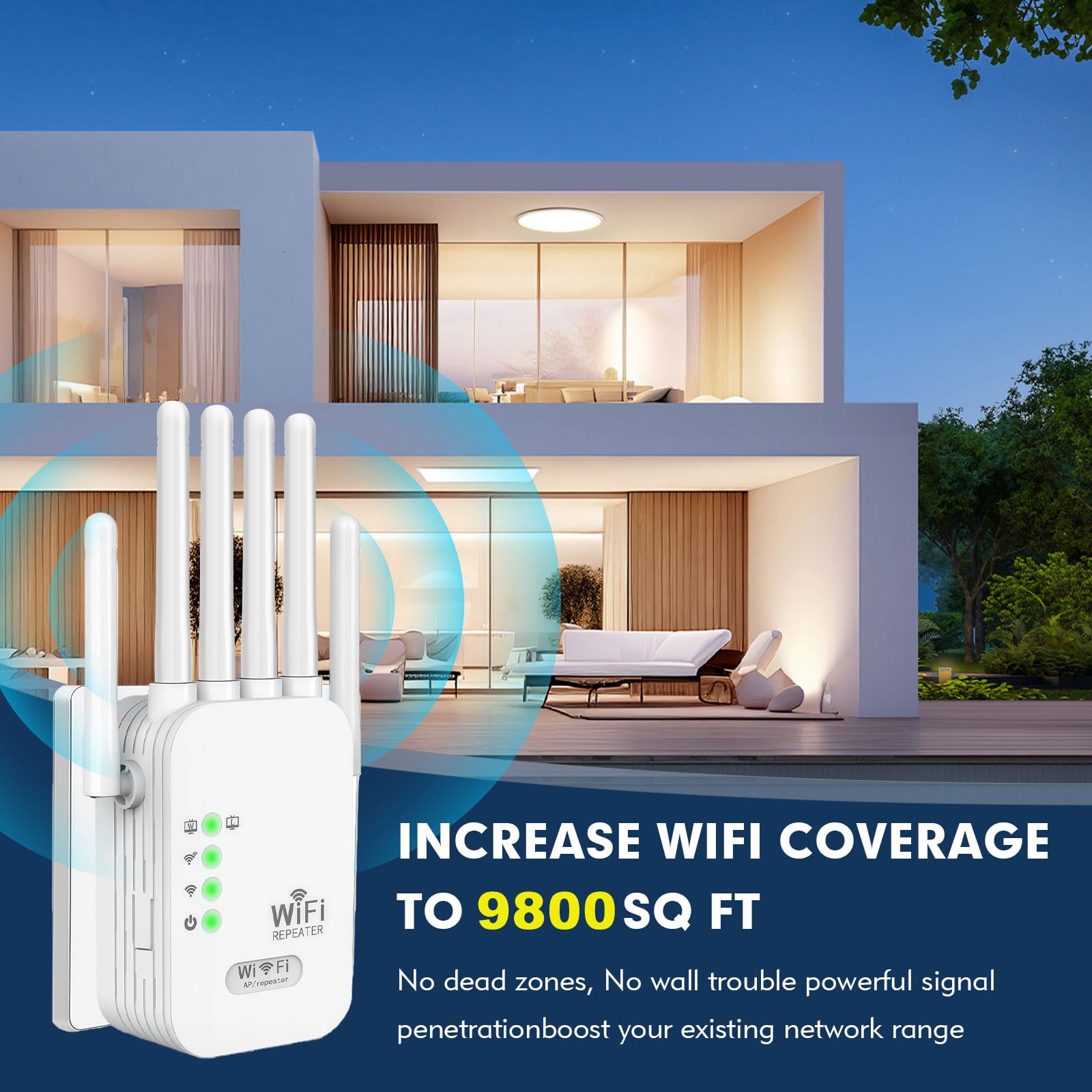 Repetidor WiFi para el hogar, cobertura de 9.800 pies cuadrados, modo repetidor/AP, 6 antenas, puerto Ethernet, WPA2, soporta más de 150 dispositivos, color blanco