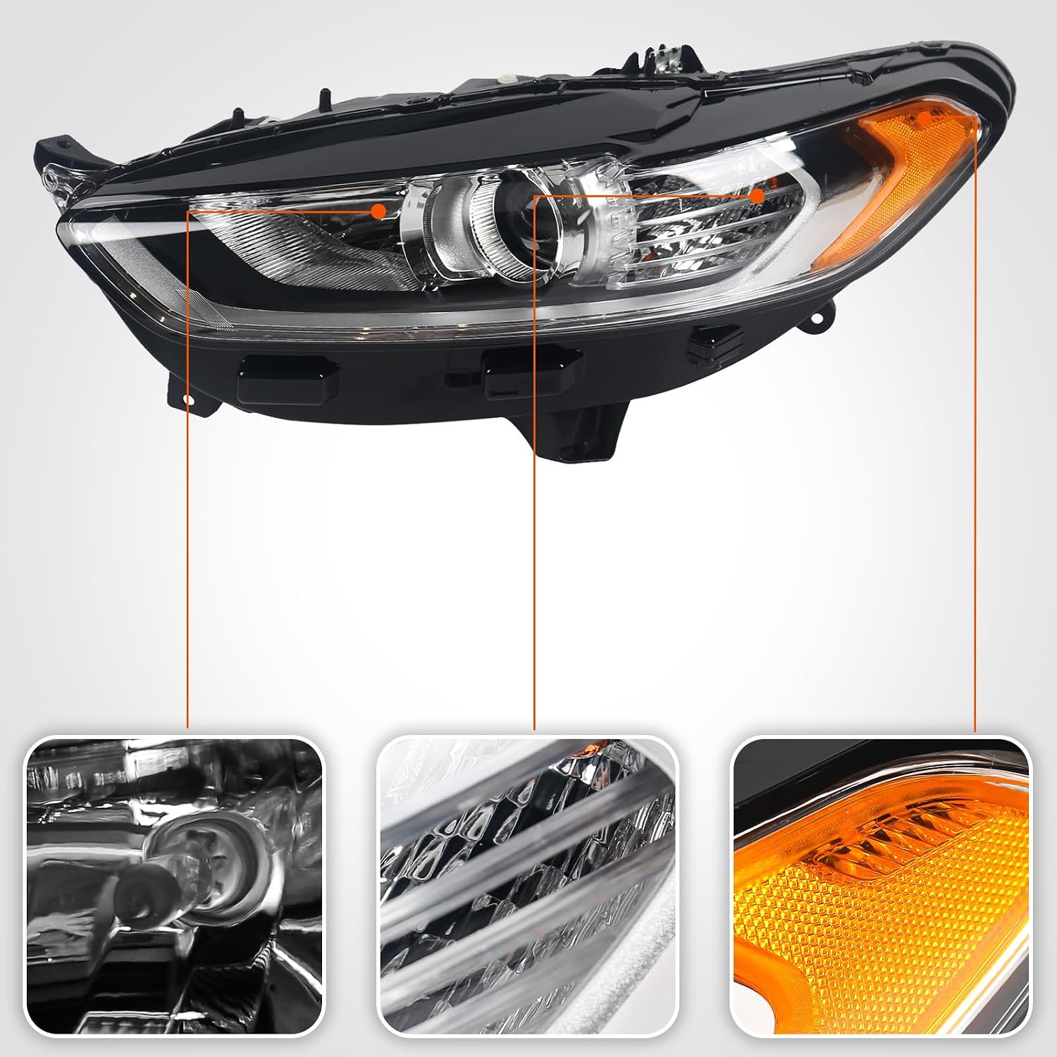 FIONE for Ford Fusion Headlight Assembly 2013 2014 2015 2016 Halogen Projector Headlamp Replacement Black Housing Clear Lens Head Light Chrome Front Lamp Pair Left & Right Side