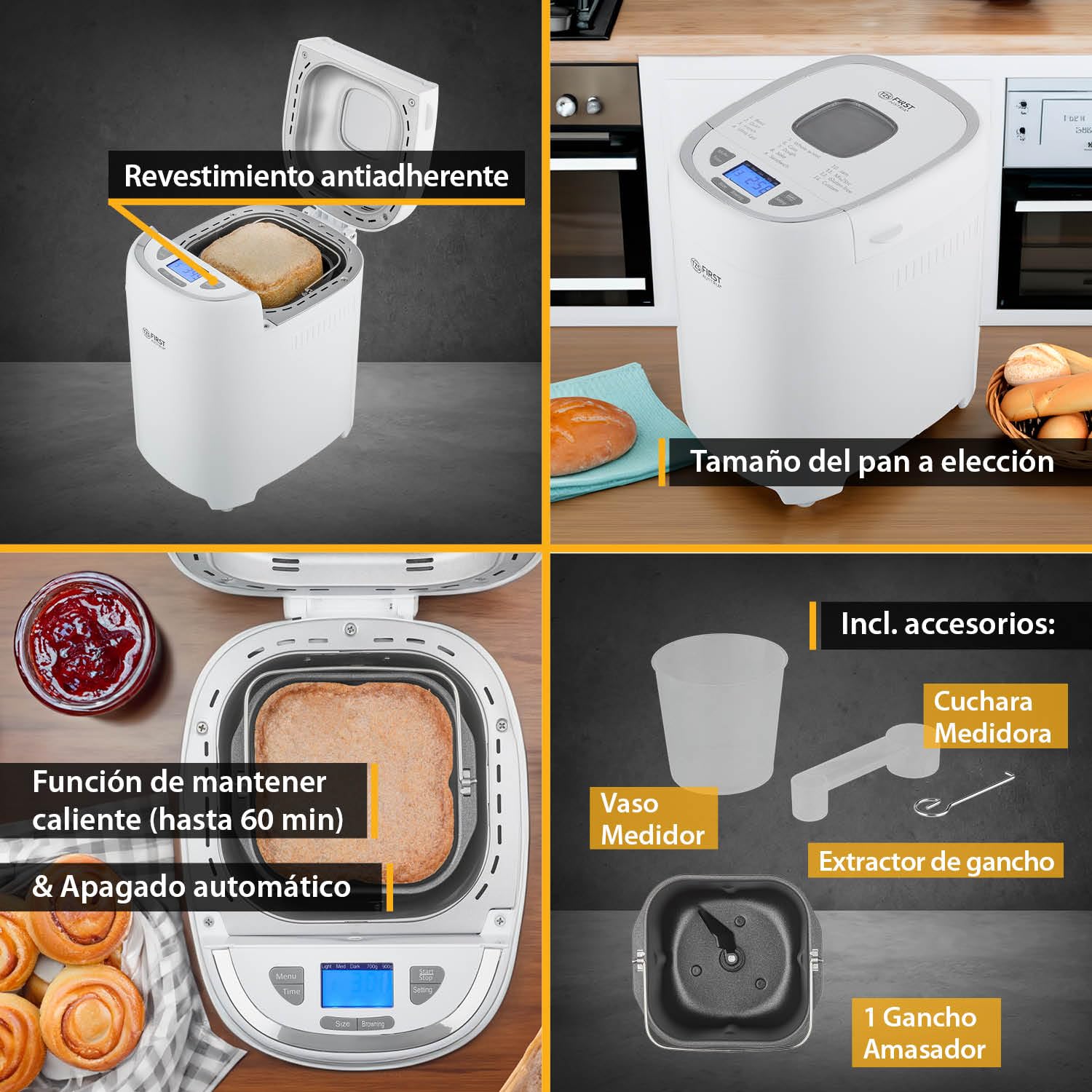 TZS First Austria - Panificadora Eléctrica 900g - 13 Programas Automáticos - Control de Tostado - Temporizador y Función Mantener Caliente - Calidad Vienesa - Blanco