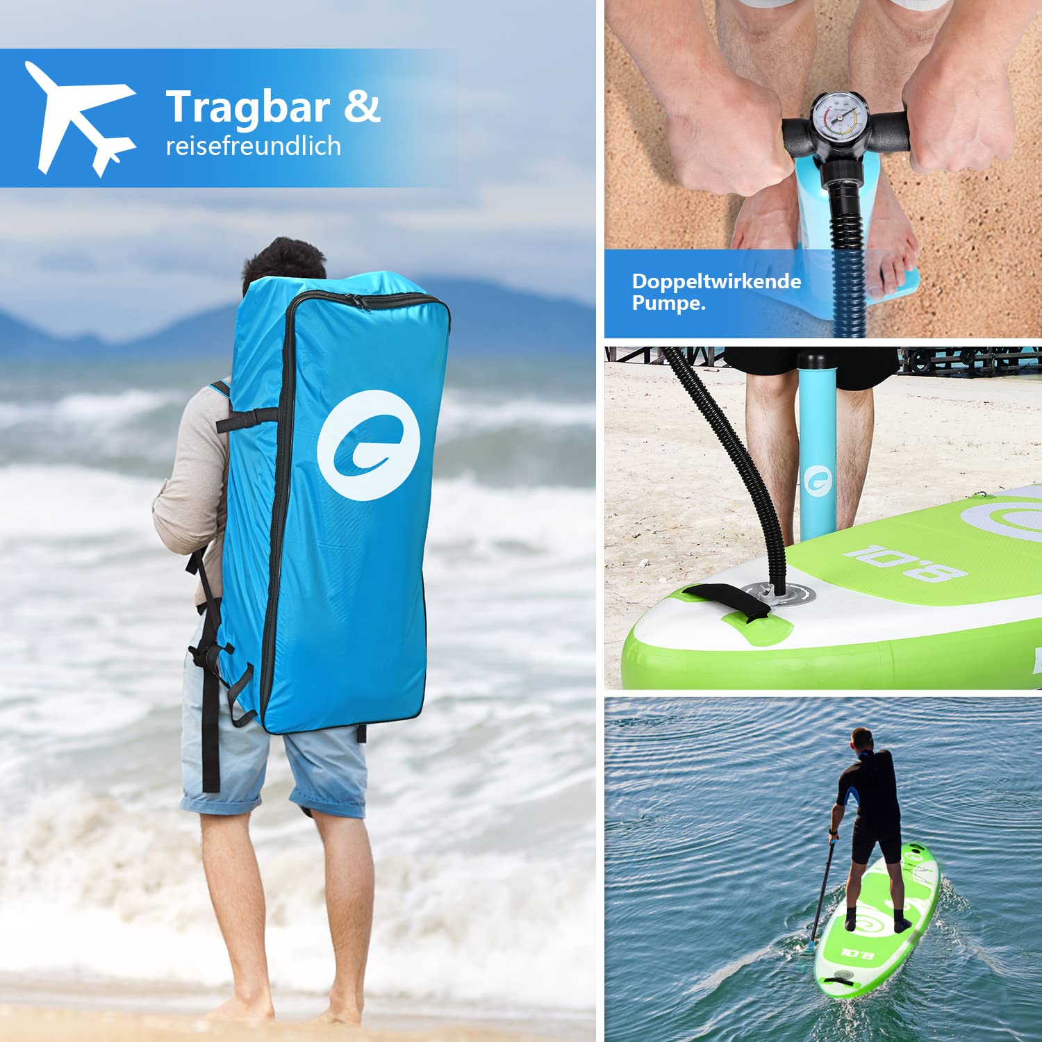 Planche de Stand up Paddling Exprotrek, Planche de Sup Gonflable, kit de Planche de Stand up Paddle, 6 Pouces avec pagaie et Accessoires complets (200KG Max)