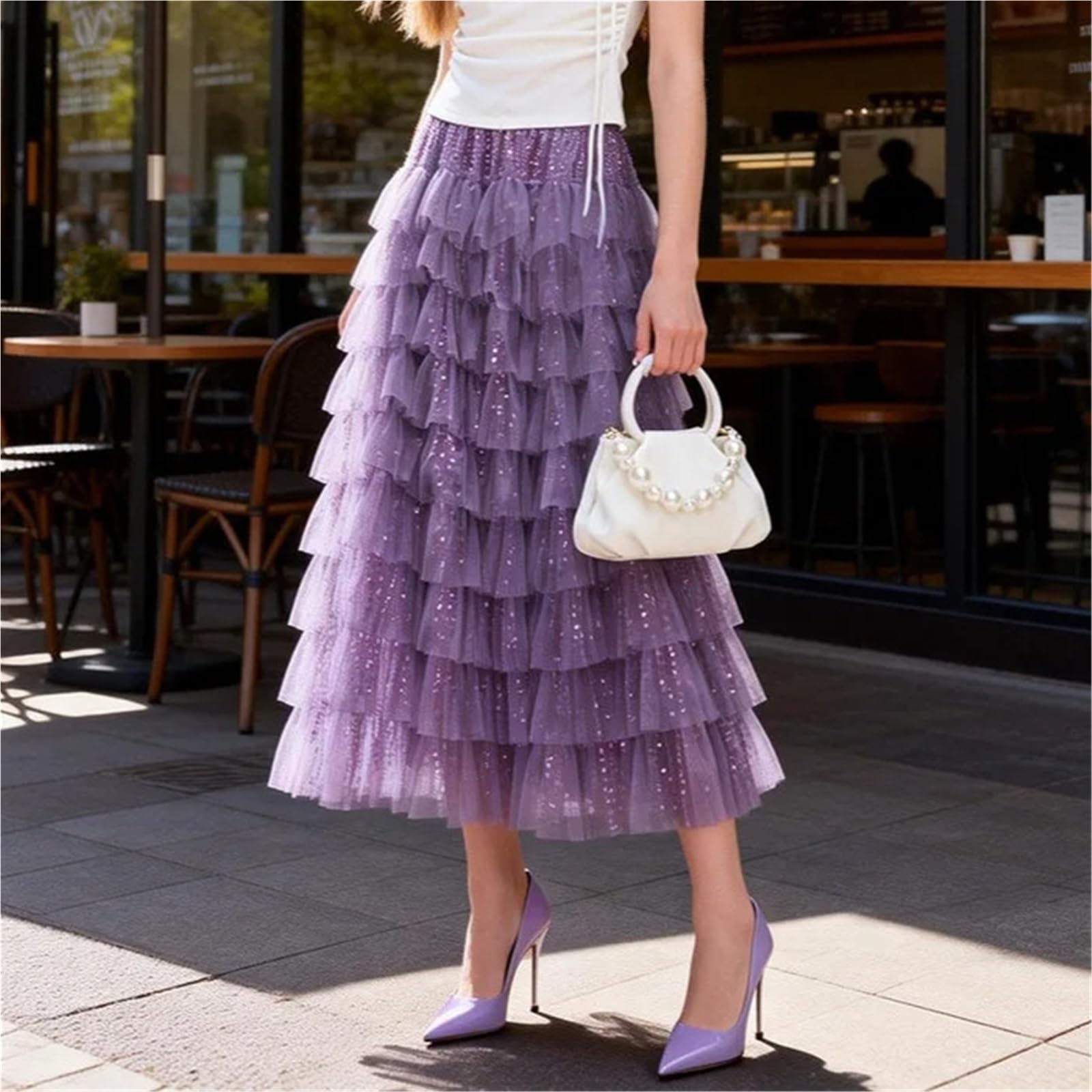 Gonna Torta con Paillettes Pesanti, Versatile e alla Moda da Donna