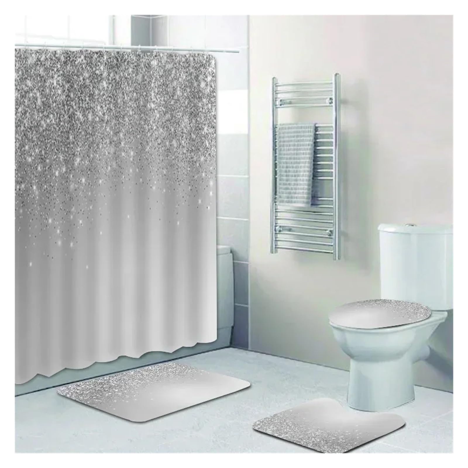 MZSKLW Shower Curtain Stylish Black Silver Falling Glitter Confetti Dust Bathroom Curtains Shower Curtain Set Grey Sparkling Bath Rugs Decor