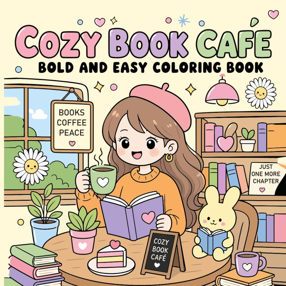 Cozy Book Café: Bold and Easy Coloring Book for Adults and Teens: 50 Thick-Line Illustrations Featuring Rainy Reading Windows | Cute Reading Nooks, Bookshop Cafés, Coffee Corners & Hygge Scenes