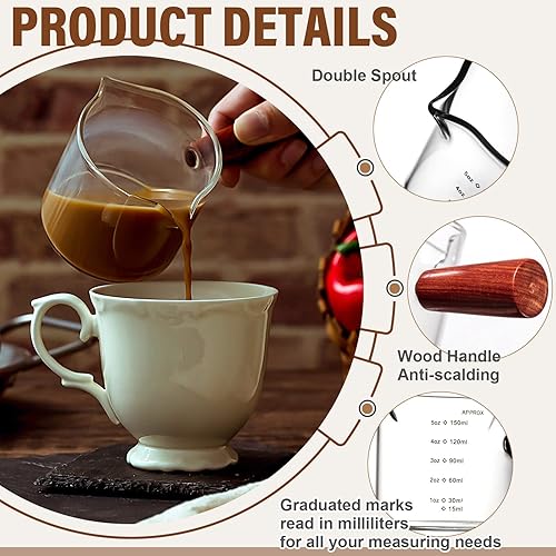 Miniatura 3 de Zubebe Paquete de 2 vasos de 5.1fl oz  5 oz con doble boquilla de espresso, con mango de madera, taza de leche de triple jarra para medir café