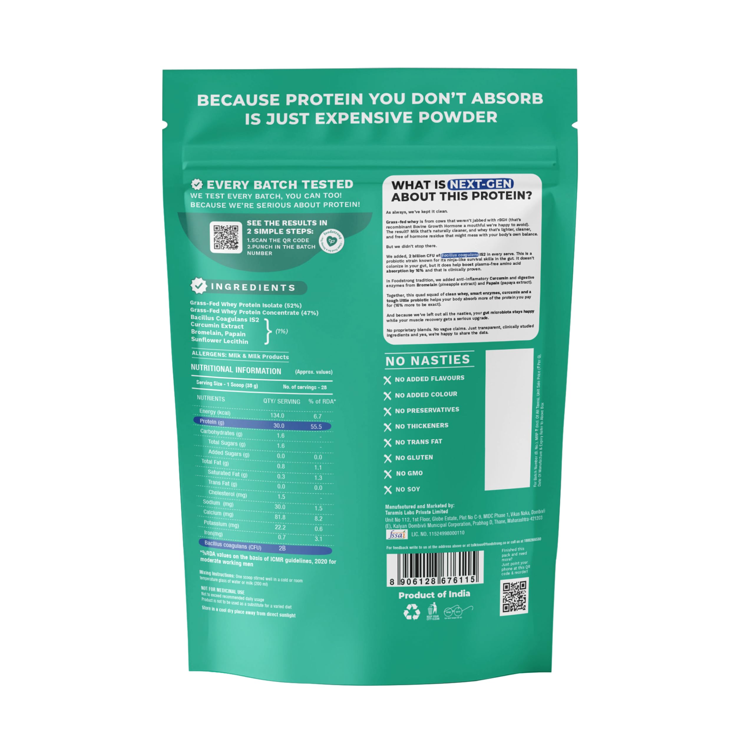 Foodstrong Next-Gen Whey Protein Isolate + Concentrate, 100% Hormone Free Grass-Fed Whey, 30G Protein, Unflavoured (Raw Protein), With Turmeric, Probiotics & Natural Digestive Enzymes For Easy Digestion, 1KG — Amazon image 9