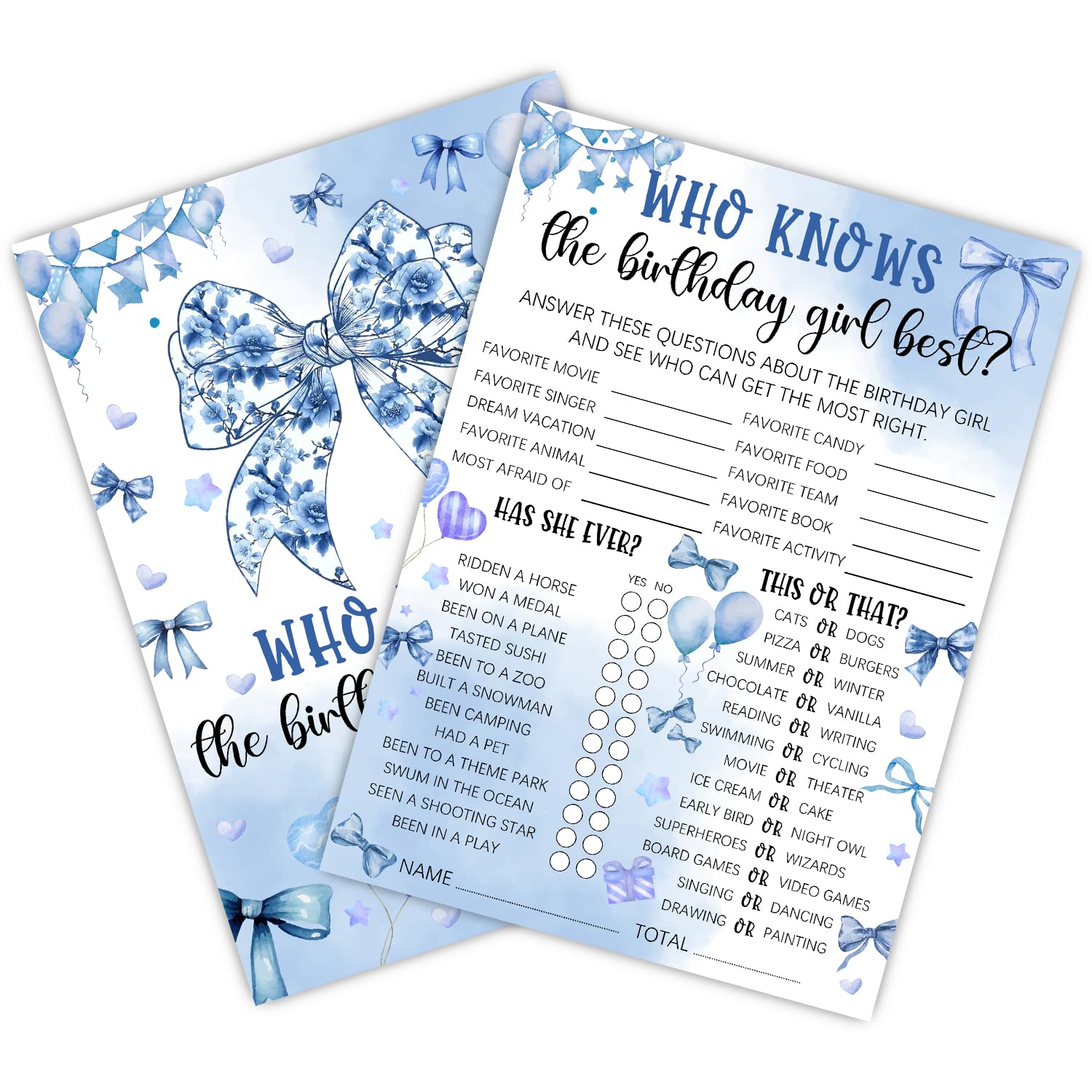 Who Knows The Birthday Best - Blue Party Games Card Set - Blue Bow Themed Sleepover Slumber Party Supplies - Birthday Night Games Creative Idea - 20 Game Cards