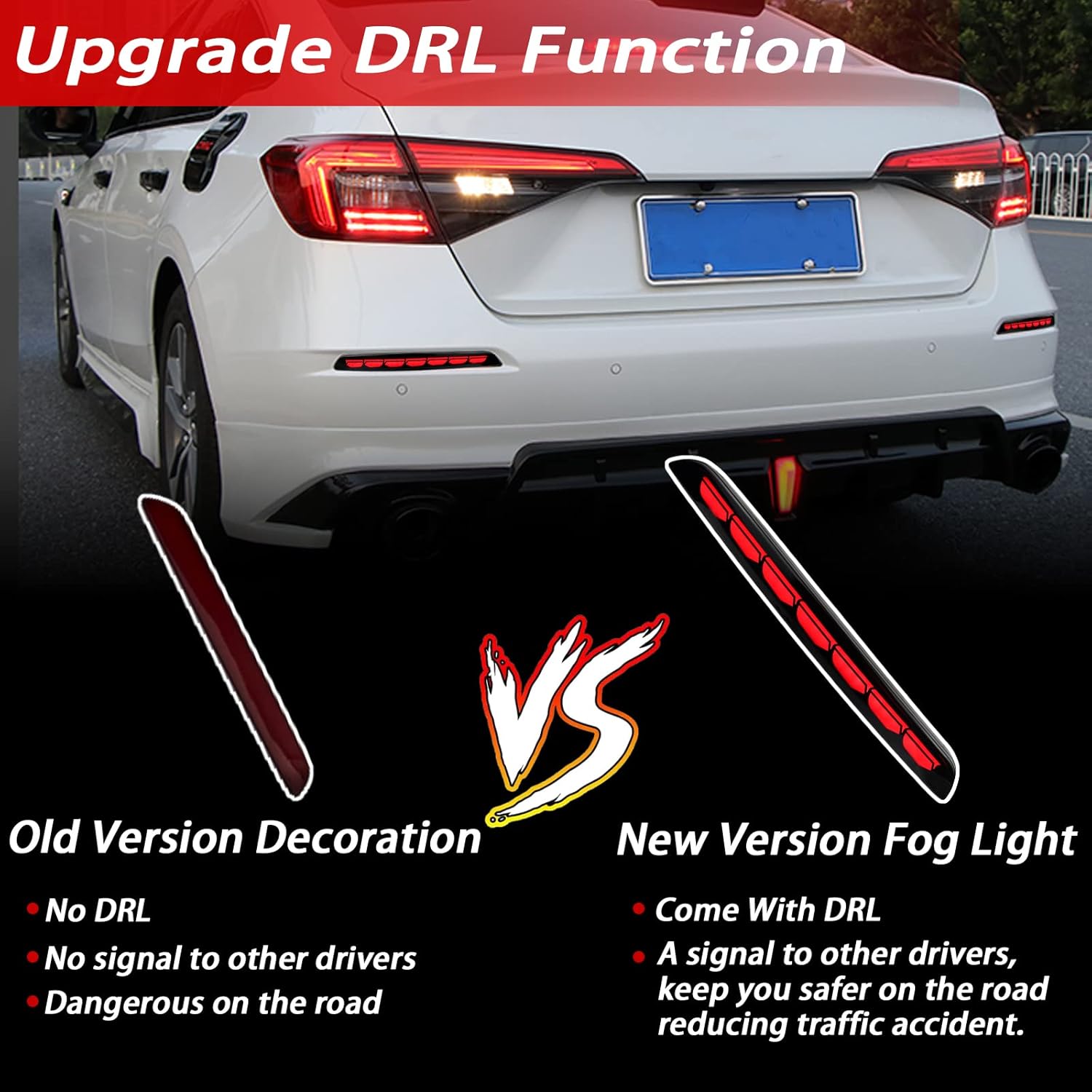 Smoked Housing Full LED Rear Reflector Fog DRL Kit for Honda Civic 11th 2022-2023 Function as Sequential Turn Signal Lights，Daytime Running Light,Brake Light Kit (SMOKED)
