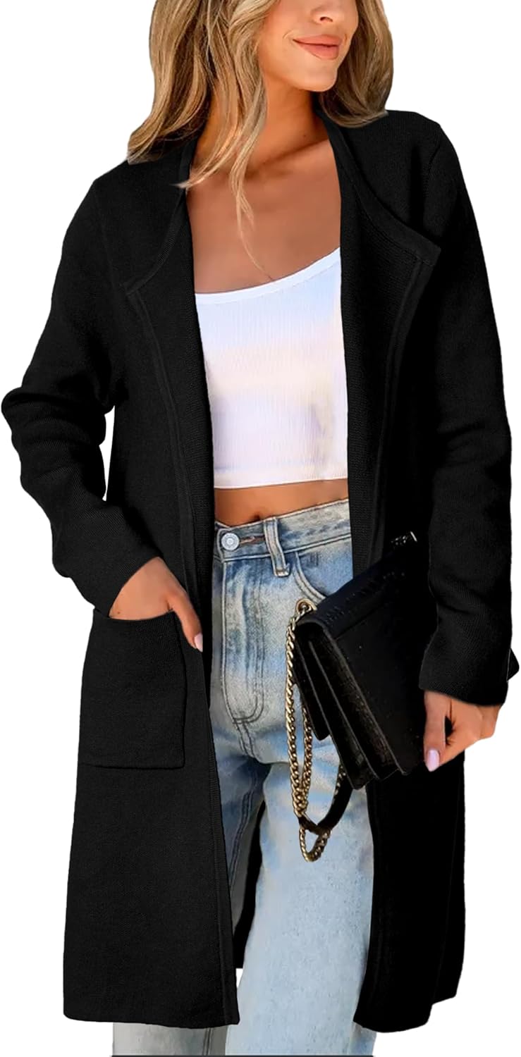 Women's Open Front Cardigan Sweater Long Sleeve Casual Knit Lapel Coatigan Coat