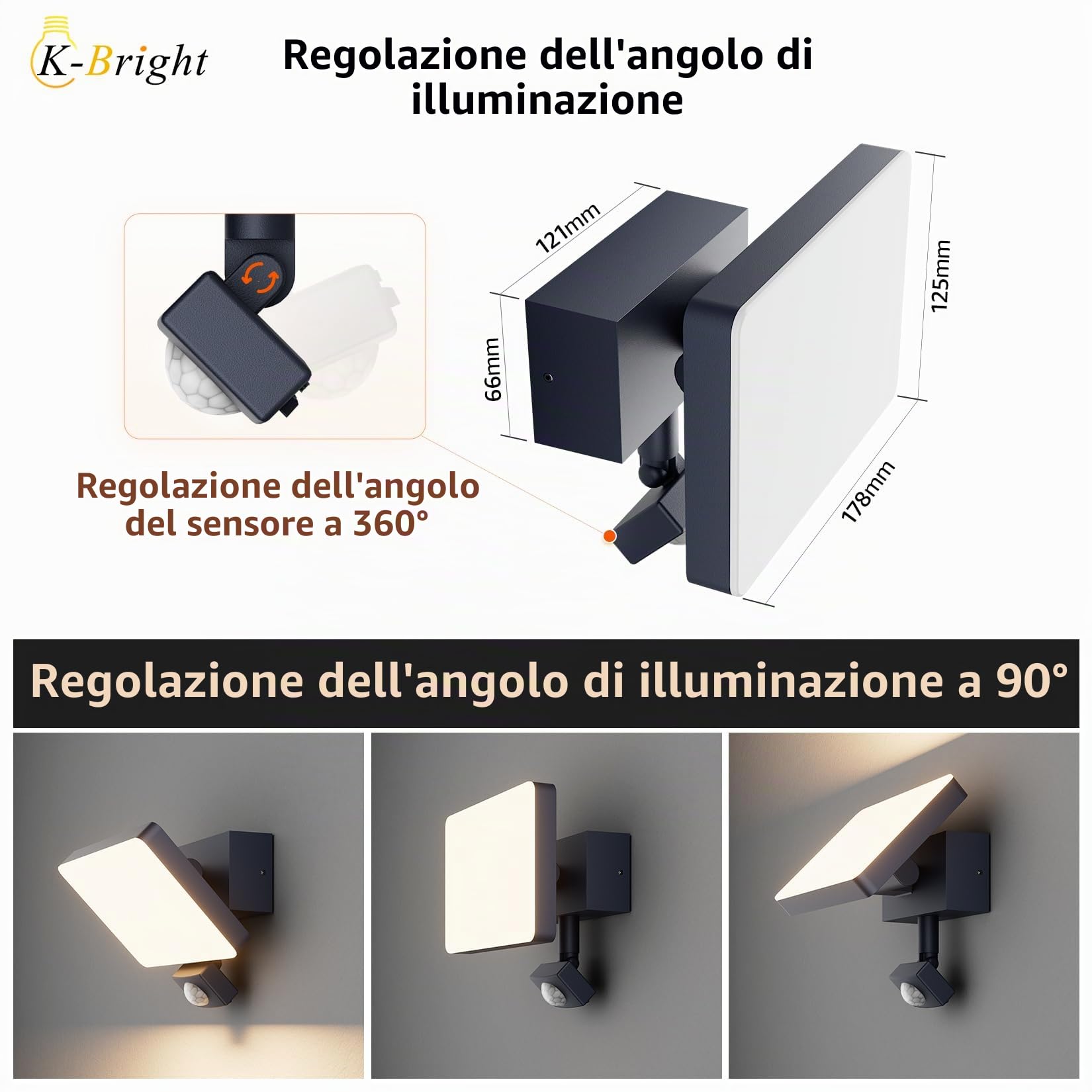 K-Bright Applique da Parete LED con Sensore di Movimento, Luci da Parete Regolabile Applique Moderno in Alluminio per Ingresso Terrazza Giardini, luce bianca calda 3000K IP65 Antracite