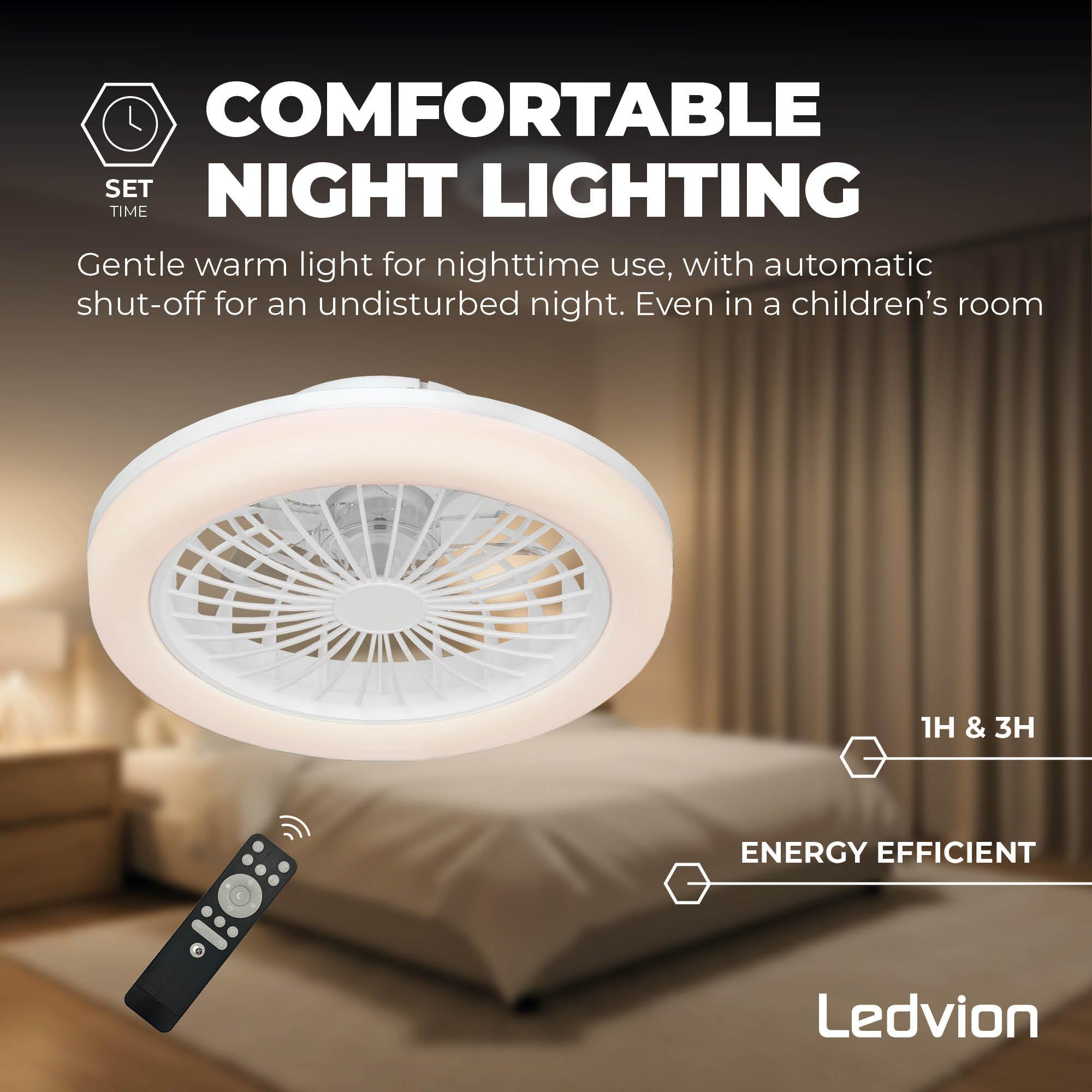 Ledvion - Ventilador de Techo con luz, 42cm, Blanco, 24W, 2500Lm, (2700k/4000K/6000K), 3 temperaturas de luz, 5 velocidades, Temporizador, Mando, Verano-Invierno