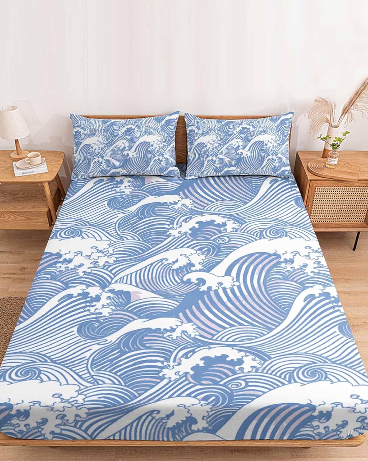 Bedding Queen Size Fitted Sheets Fit 5"-16" Deep Pocket Mattress,Abstract Ocean Wave Blue Stripe Soft Bottom Sheet Modern Marine Geometric Art Fitted Sheet Bed Set with Pillow Case