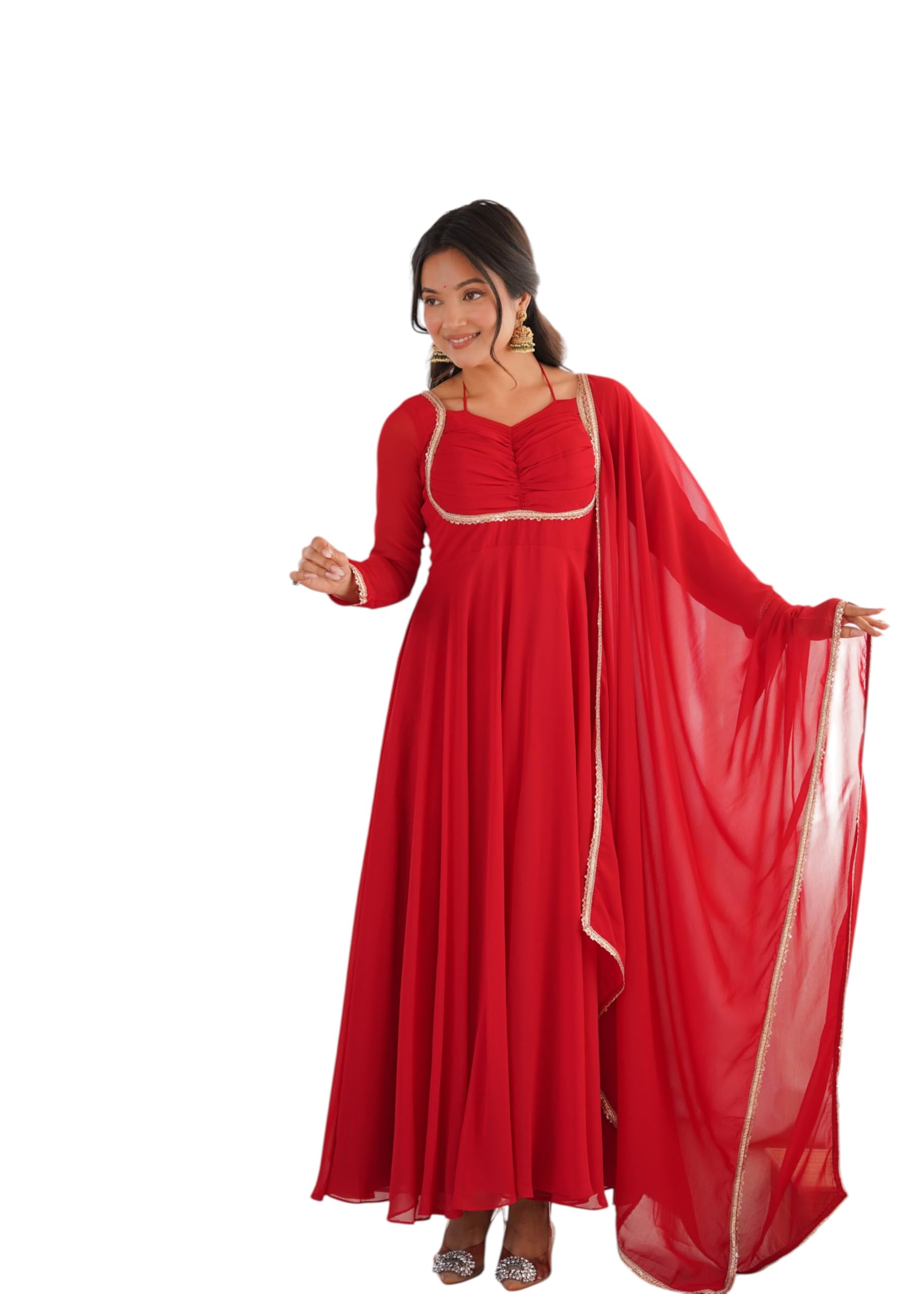 Women's Georgette Anarkali Gown with Dupatta, Fully Flared Ethnic Dress Set, Red-picture-12