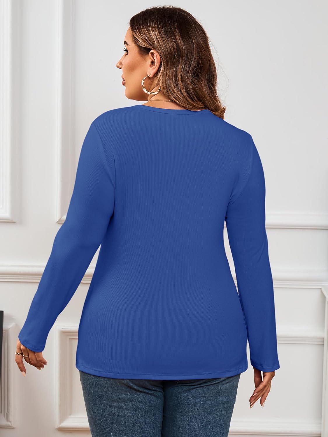 Chulianyouhuo Womens Plus Size Long Sleeve Shirts V Neck Ribbed Knit T Shirt Slim Fitted Casual Basic Tee Tops - Image 3